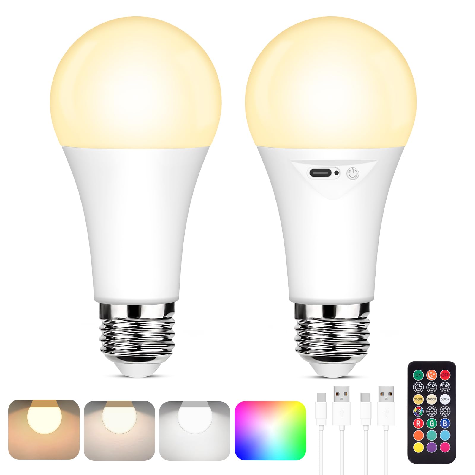 Yochoice Rechargeable Battery Operated Light Bulb With Remote Control, Dimmable Led A19 Bulb With 9 Colors Selectable & 3 Timer,