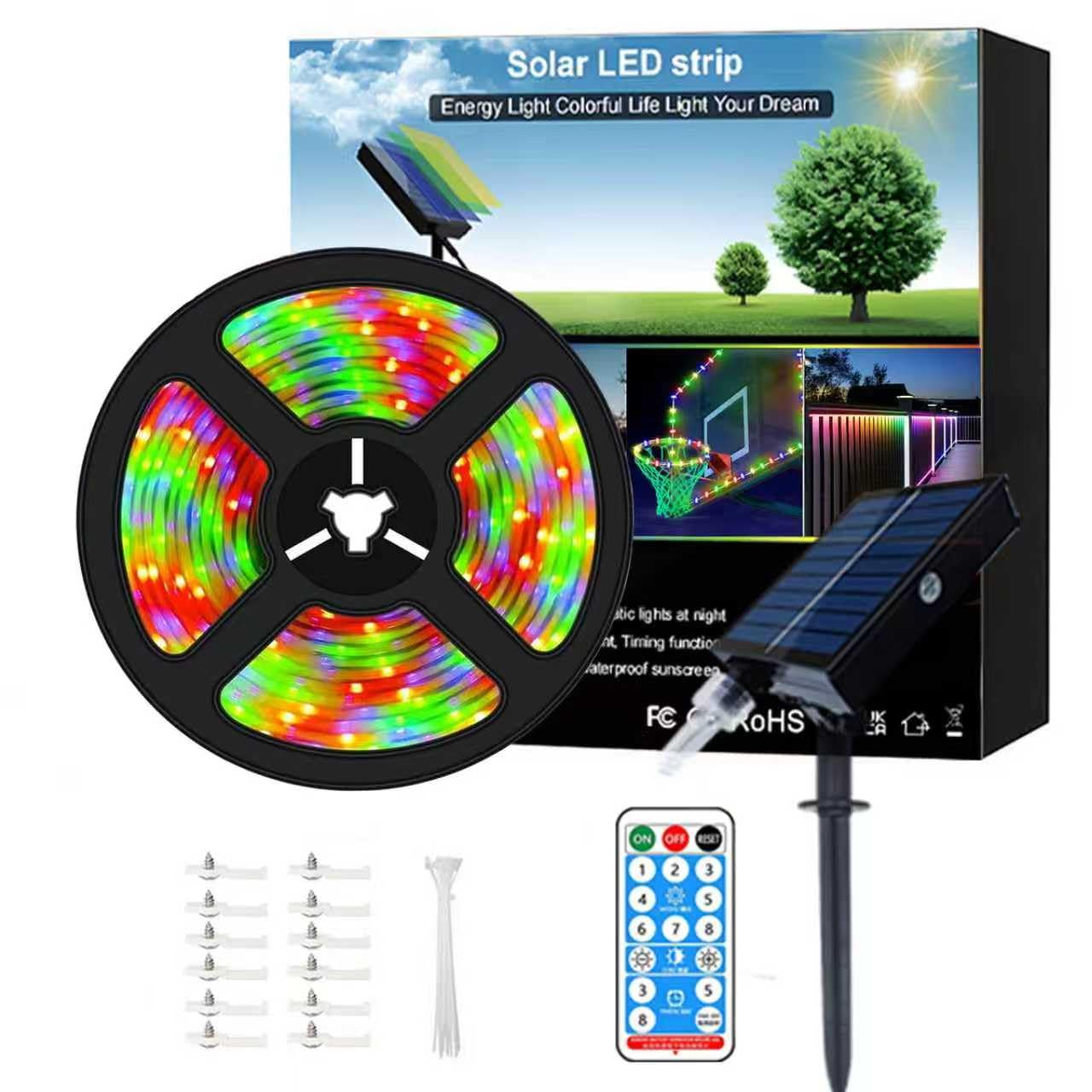 Meewata 20ft Solar LED Band Lights (Four-Color Fixed) - 336 LEDs Auto On/Off  8 Modes with Remote Timer  Waterproof Self-Adhesive for Outdoor Decor  Patio  Poolside  Camping