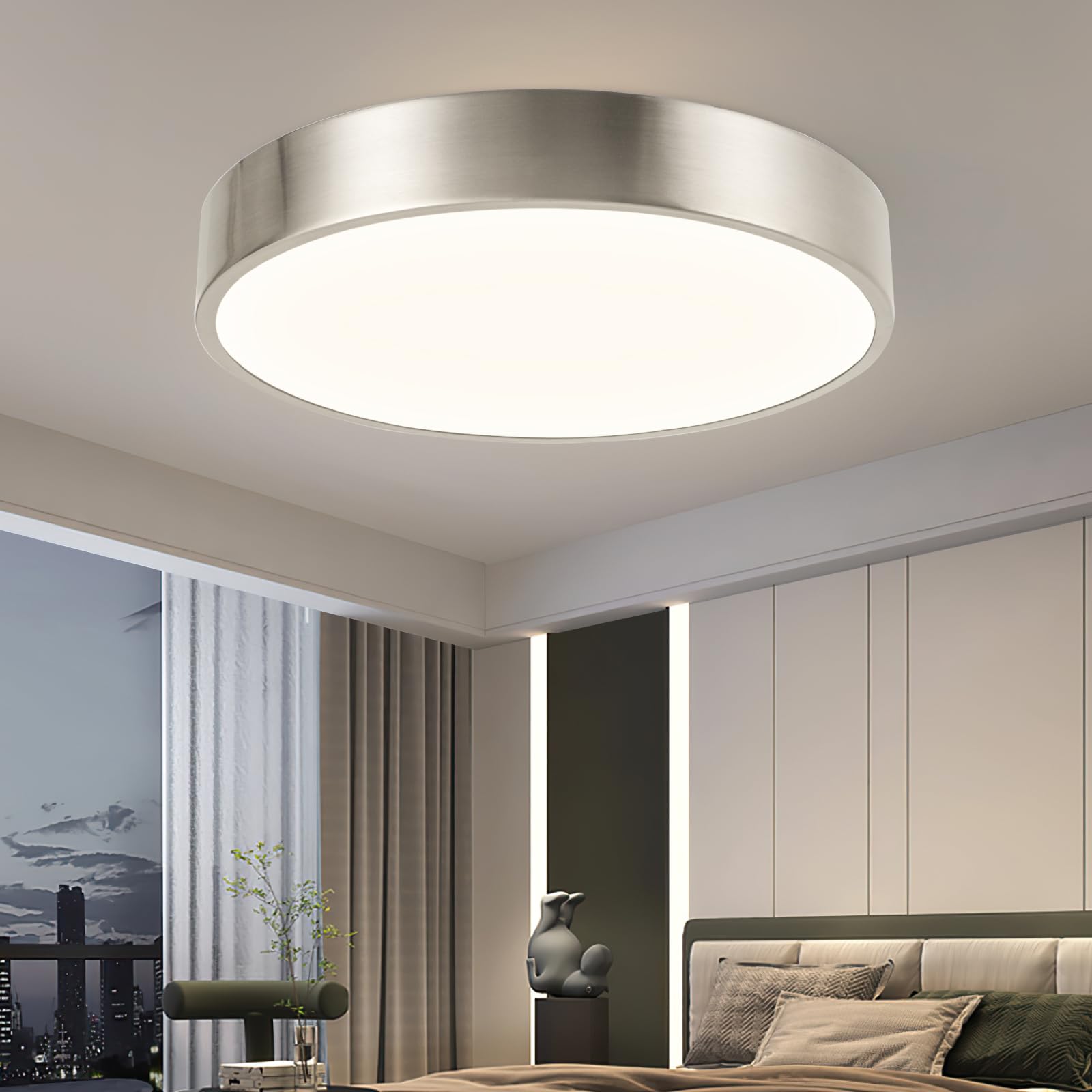 Hikaproligt 13inch Modern Nickel Led Flush Mount Ceiling Light| 26W Low Profile Ceiling Light|3000K-5000K Dimmable Ceiling Light