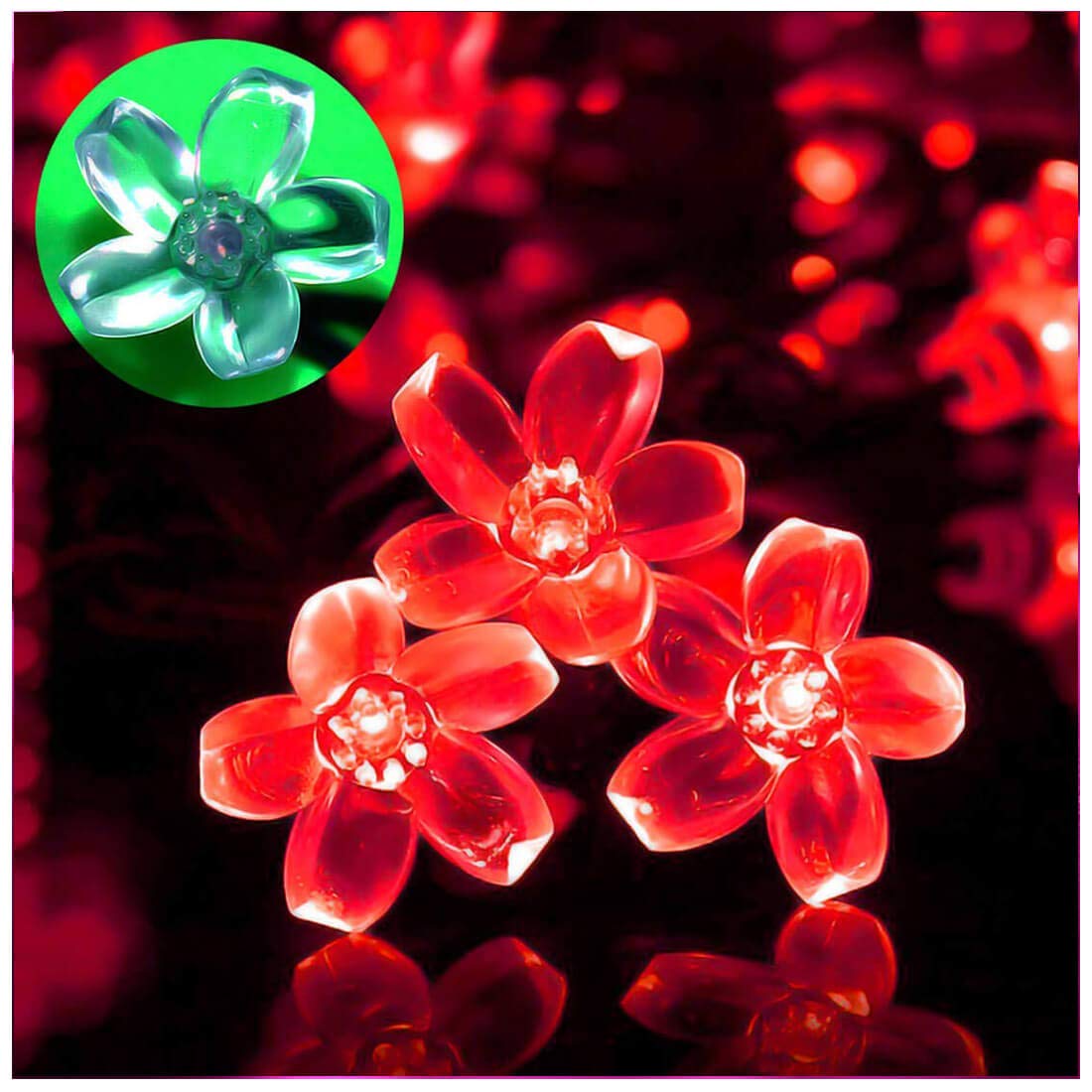 Semilits Outdoor Solar String Lights 50Led Flower Shaped Solar Fairy Lights For Christmas Garden Decoration Red