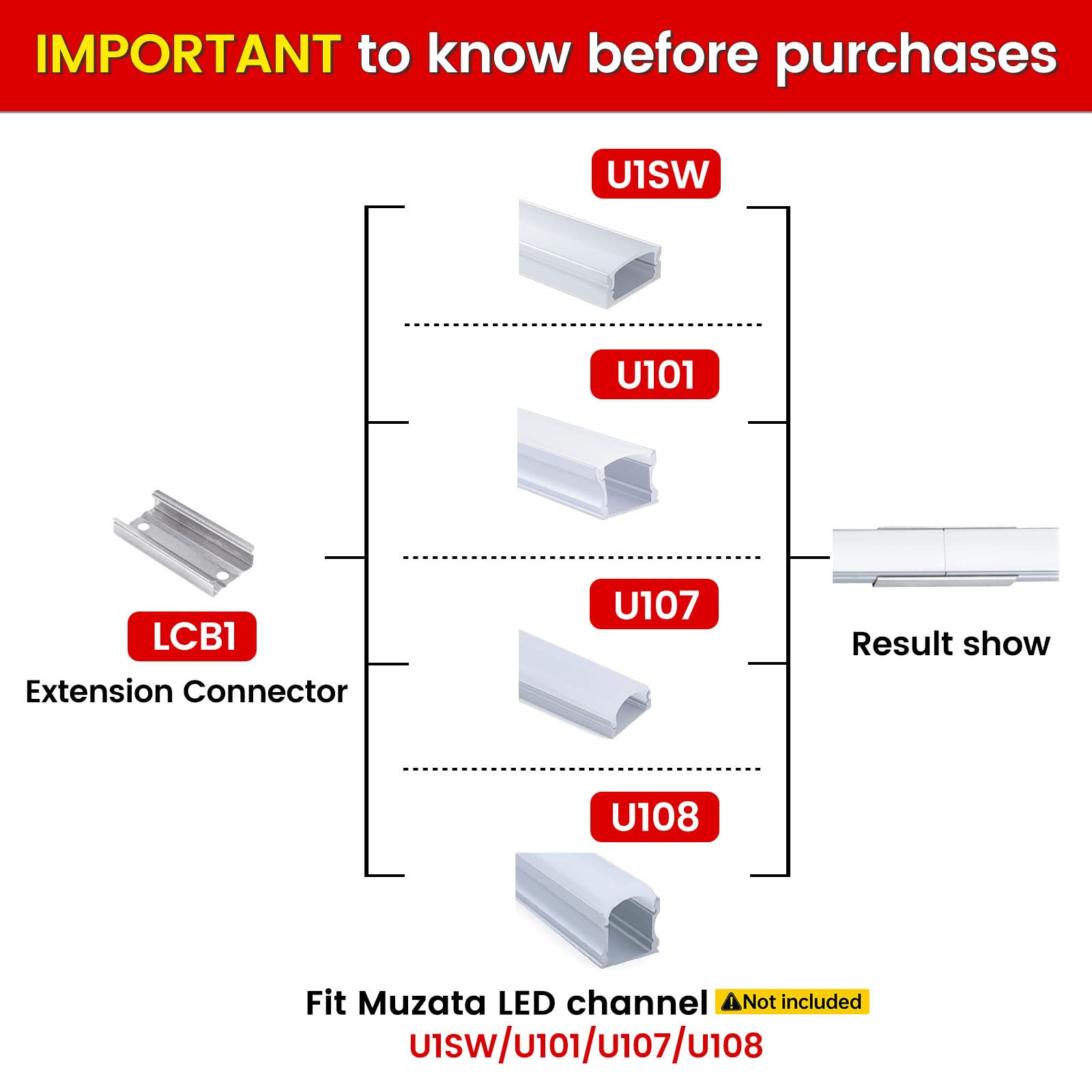 Muzata 10 Pack Extension Connector for LED Channel, Stainless Steel, Model MZZ335, 17MM Width U Shape