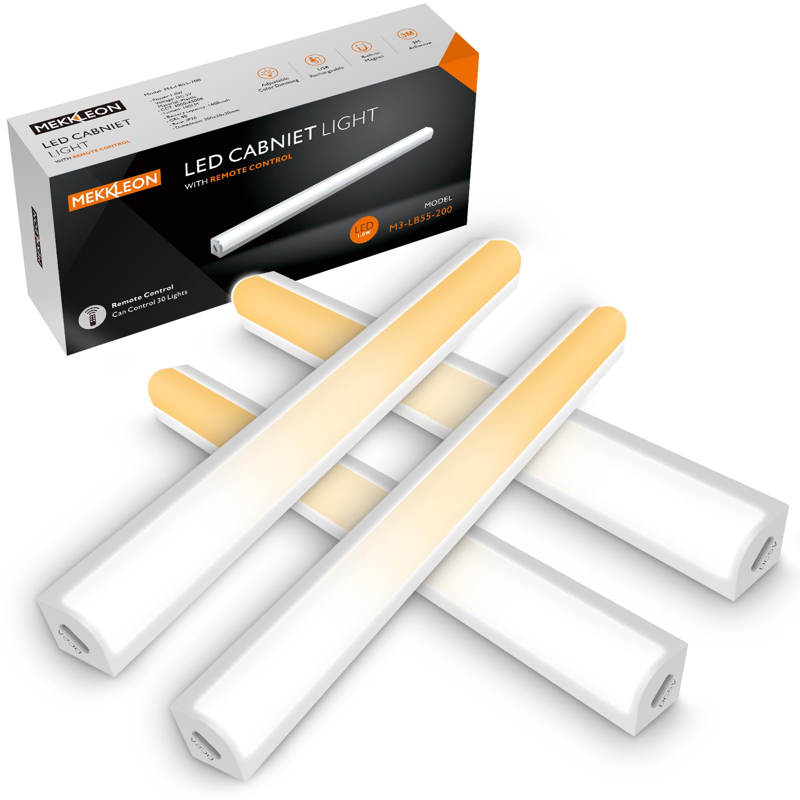 MEKKLEON Under Cabinet Lights, 4 Pack Magnetic Rechargeable, 20 CM, White, Model LB55