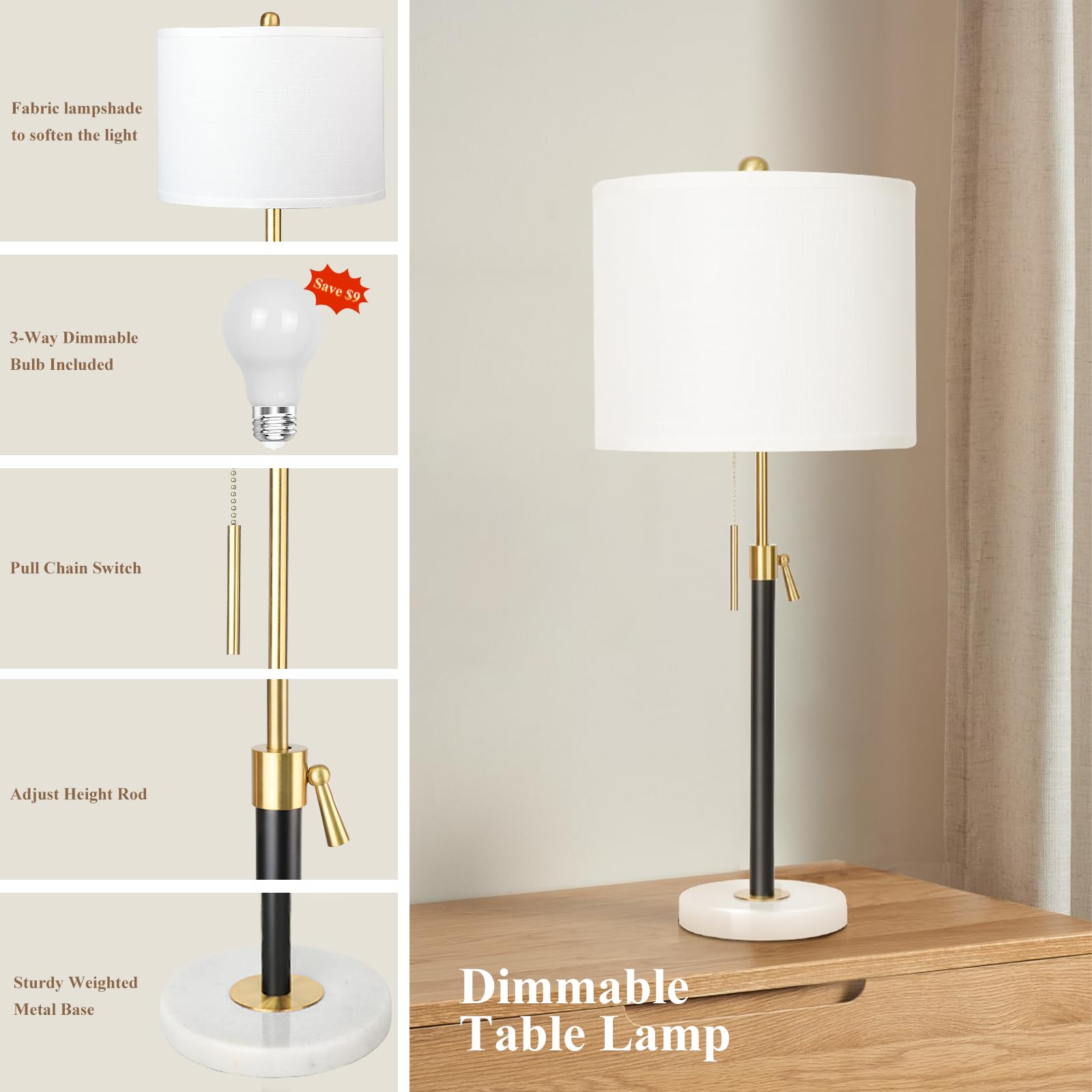 Qingmiao Black And Gold Adjustable Table Lamps Set Of 2, 22-30&quot; With White Shade & Dimmable Base