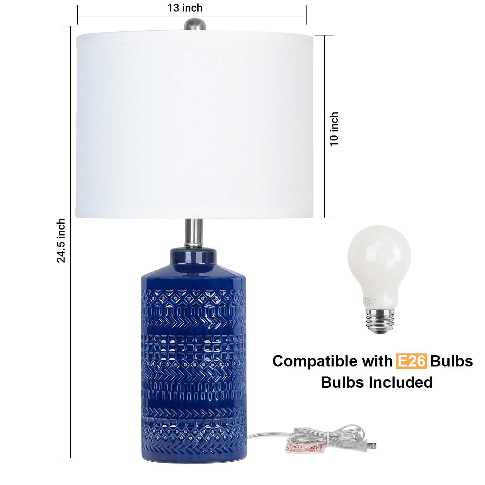 JUNNAI 24.5" Navy Blue Table Lamp - Modern Ceramic 3-Way Dimmable Bedside Light for Living Room, Nightstand, Home Office, Bulb Included
