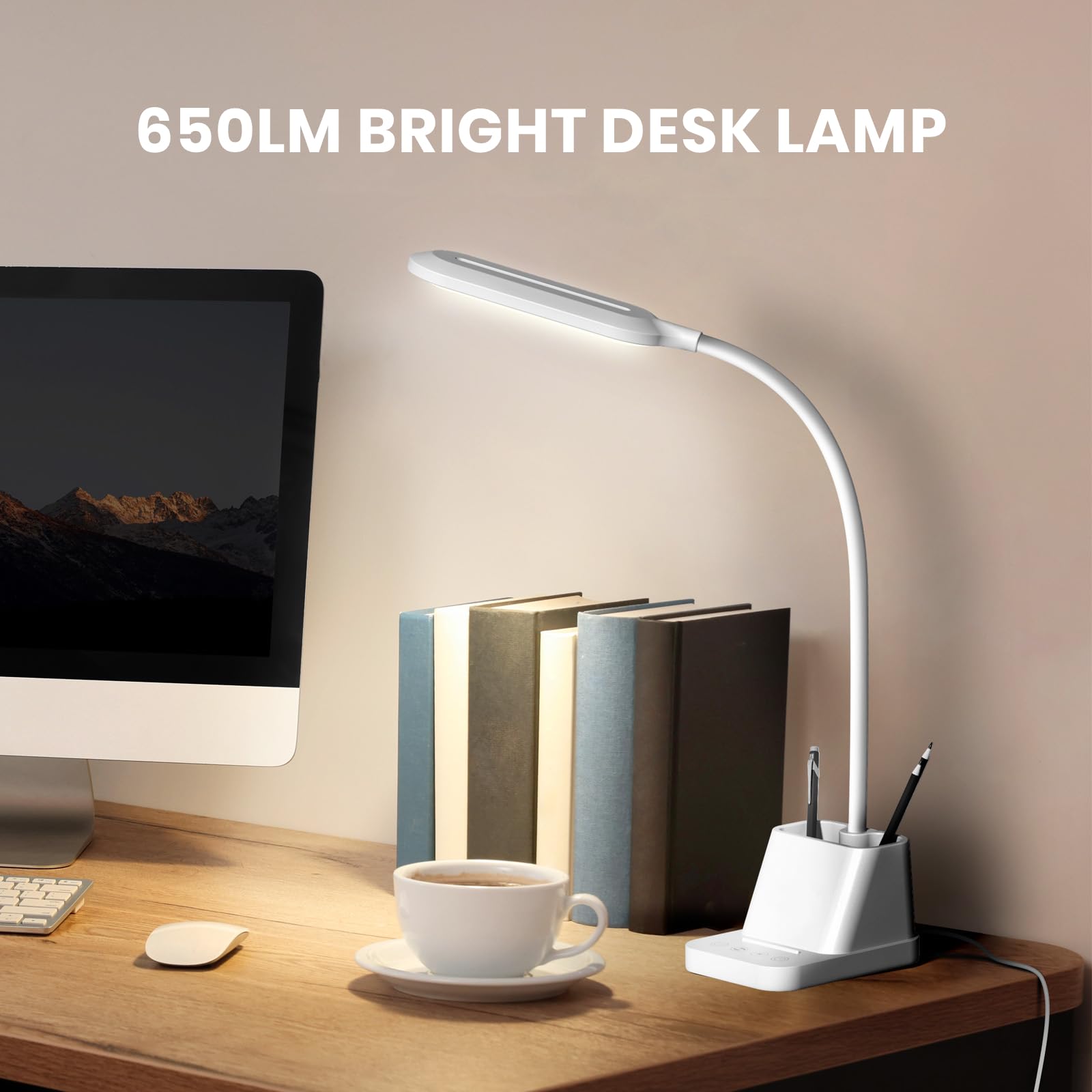 AXX Gooseneck LED Desk Lamp - White, USB Charging, 650LM, Modern Design, Pen Holder, Model TU01