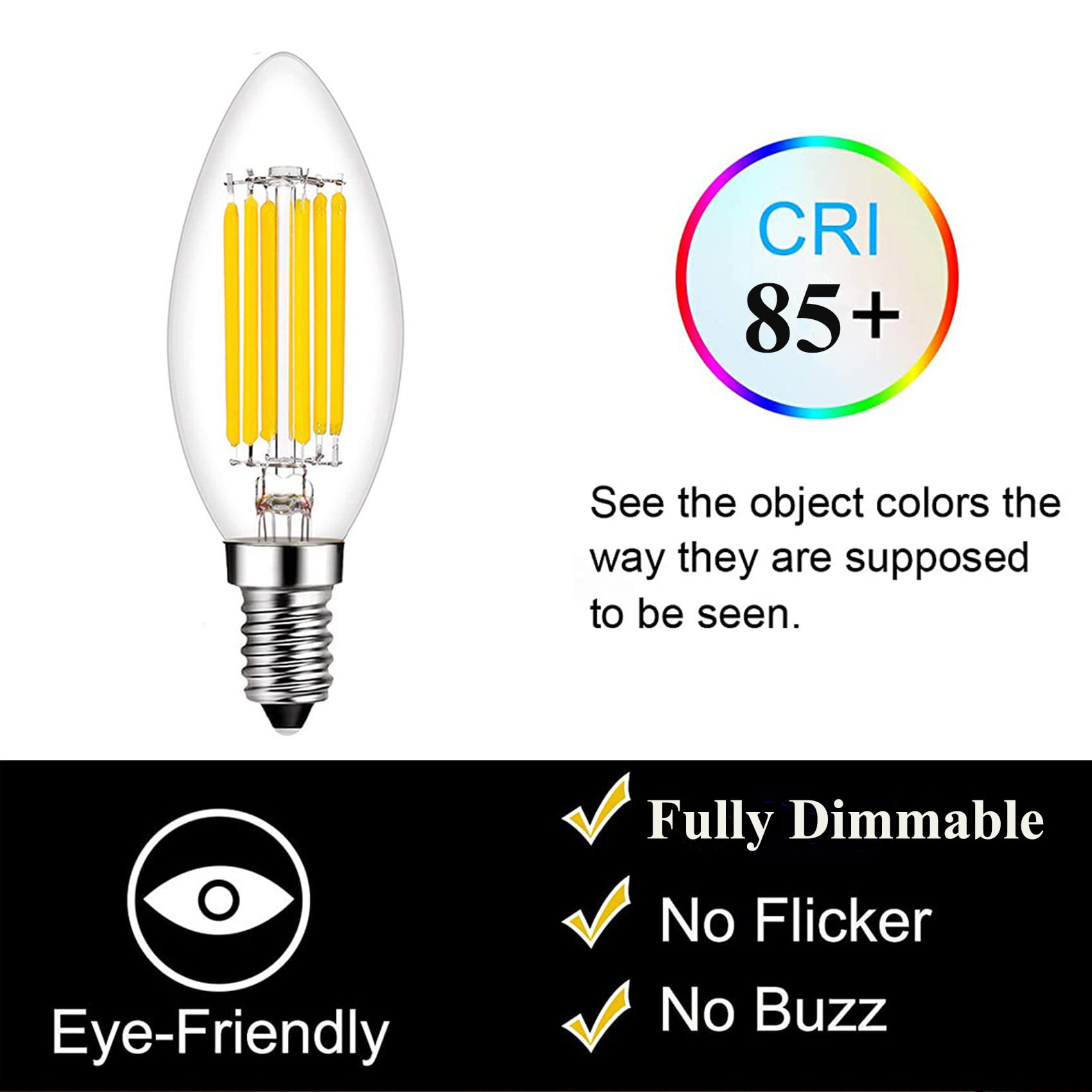 Beonllay E14 6W LED Bulb, Dimmable 2700K Warm White, Glass, 600 Lumens, C35 Model, 4 Pack