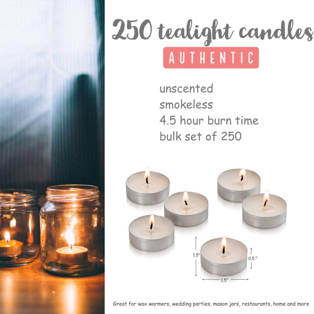 Light In The Dark Tea Light Candles - Unscented Metal Cups, 4.5 Hour Burn Time, Bulk Pack of 250 for Weddings, Dinners & Spas