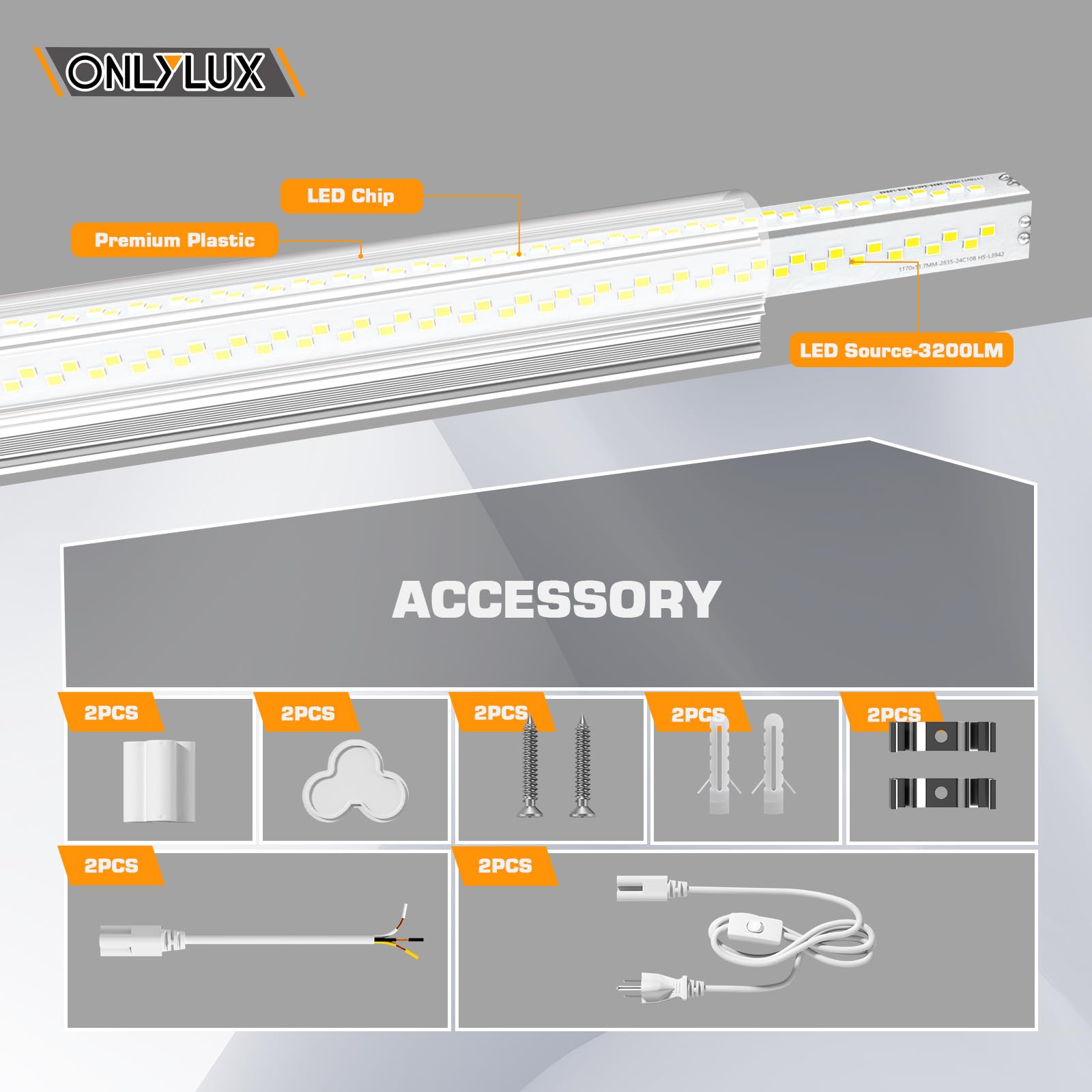 Onlylux Led Shop Lights, Led Tube Light 25W 6000K, Garage Lighting, Super Bright, Under Cabinet Lighting, Linkable With Plug Sho