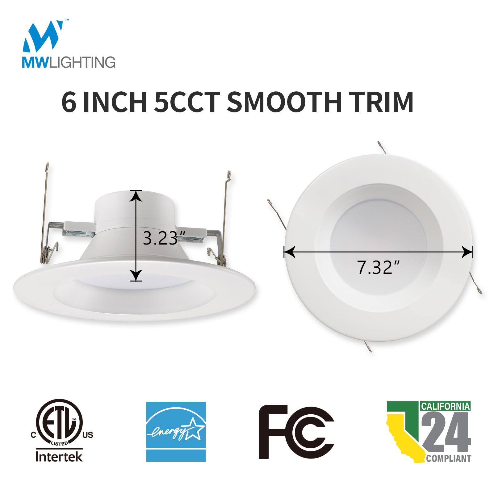 mw LED Recessed Lighting 6 Inch Retrofit, 14W, 1100LM, IC & Wet Rated, 2700K-5000K, White, Model MW-RD4