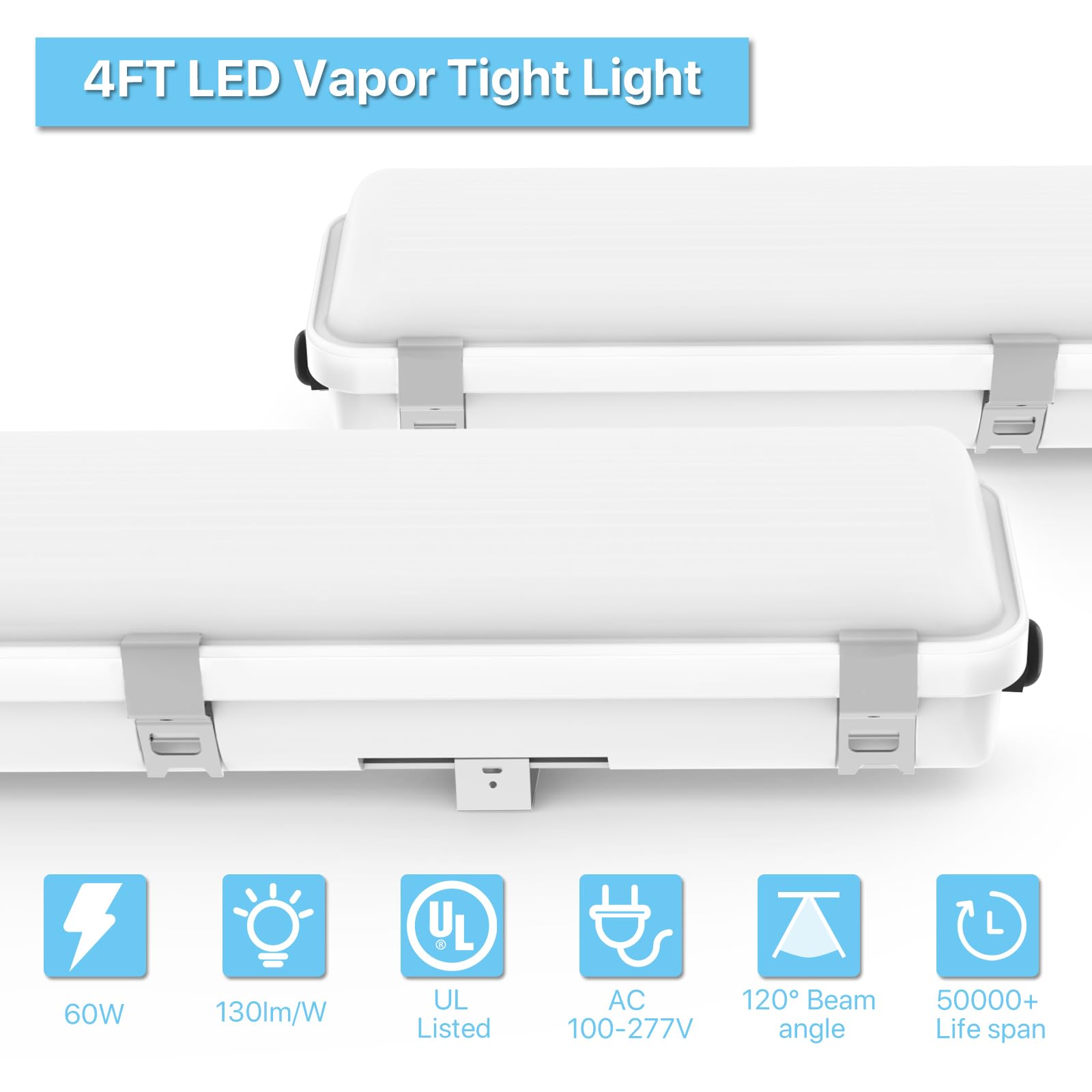 HYPERLITE LED Vapor Tight Light 60W, 5000K, IP65 Waterproof, Polycarbonate, White, Capsule Series, 1 Pack