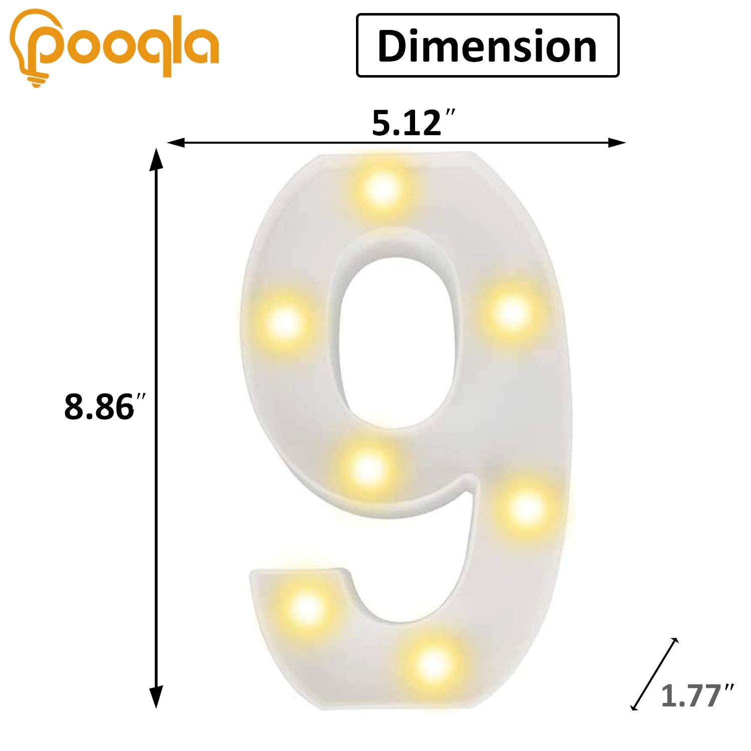 Pooqla LED Light Up Number, Decorative Marquee for 9th Birthday, Plastic, Cool White & Warm White, Model DENC-BP-01, Size: Number 9