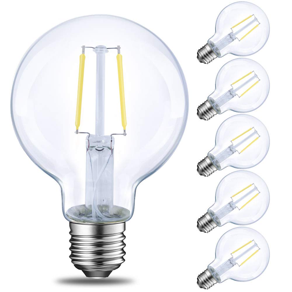 Led Globe G25 Dimmable Edison Light Bulb, 40 Watt Equivalent, 5000K,350Lm, E26 Medium Screw Base, Christmas Light, G80 Led Ediso