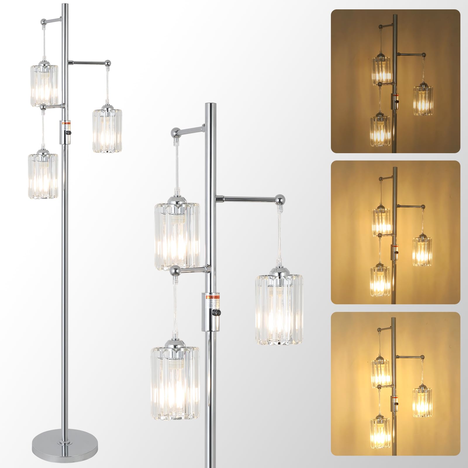 Stepeak Modern Crystal Floor Lamp, 3 Lights, Dimmable, 65in Tall, Silver, Model 250305B1, Chrome Shade
