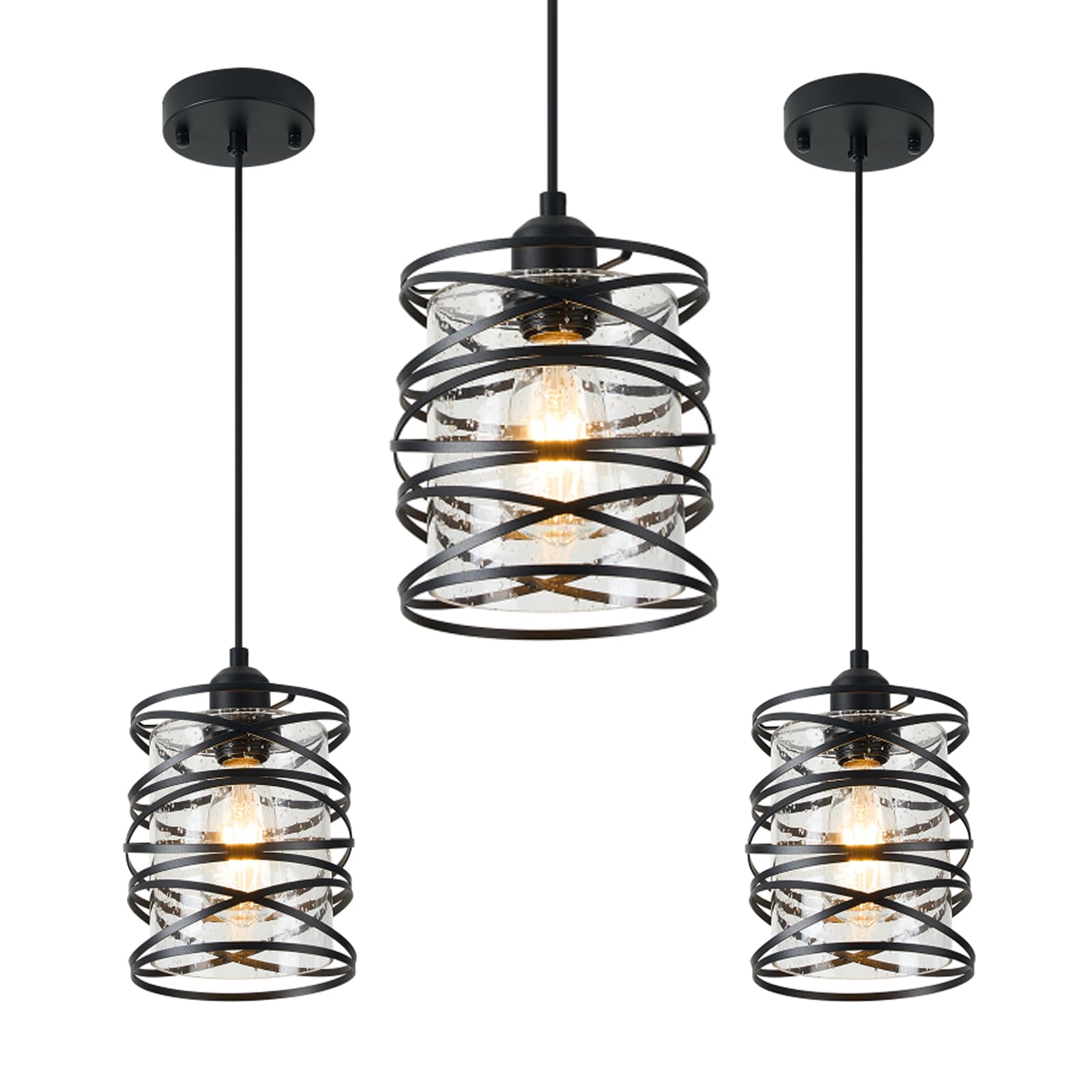 LAMKNVS 3-Pack Spiral Glass Pendant Lights Kitchen Island Mini Black Pendant Light Modern Metal Cage Handblown Seeded Glass Ceil