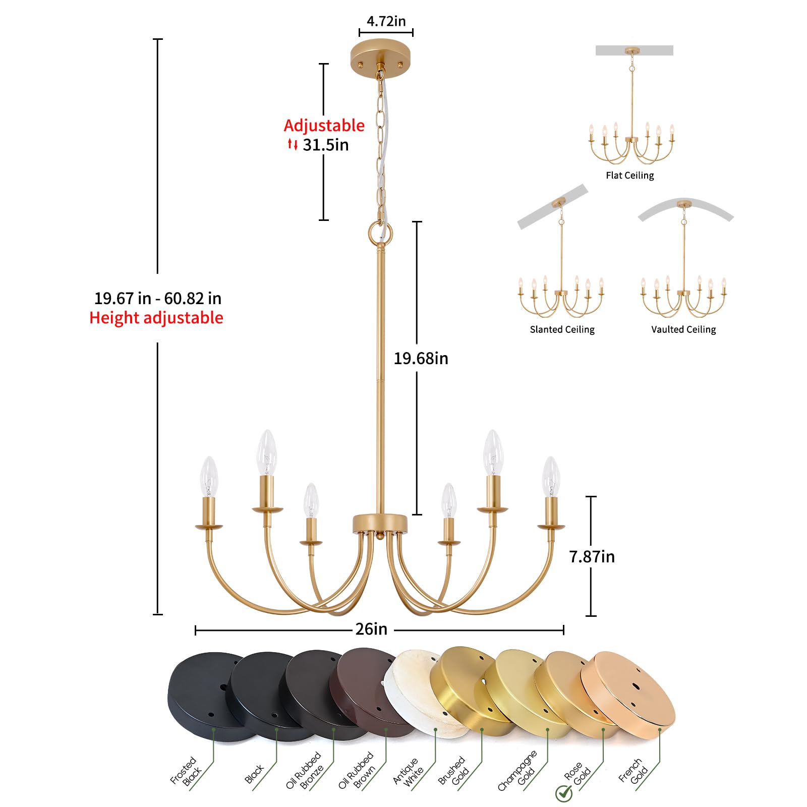 Puyveyor Gold Chandelier  6-Light Farmhouse Chandelier For Dining Room Lighting Fixtures Hanging  Vintage Modern Candle Chandeliers For Bedroom  Foyer  Kitchen  Living Room  Entryway(Rose Gold)