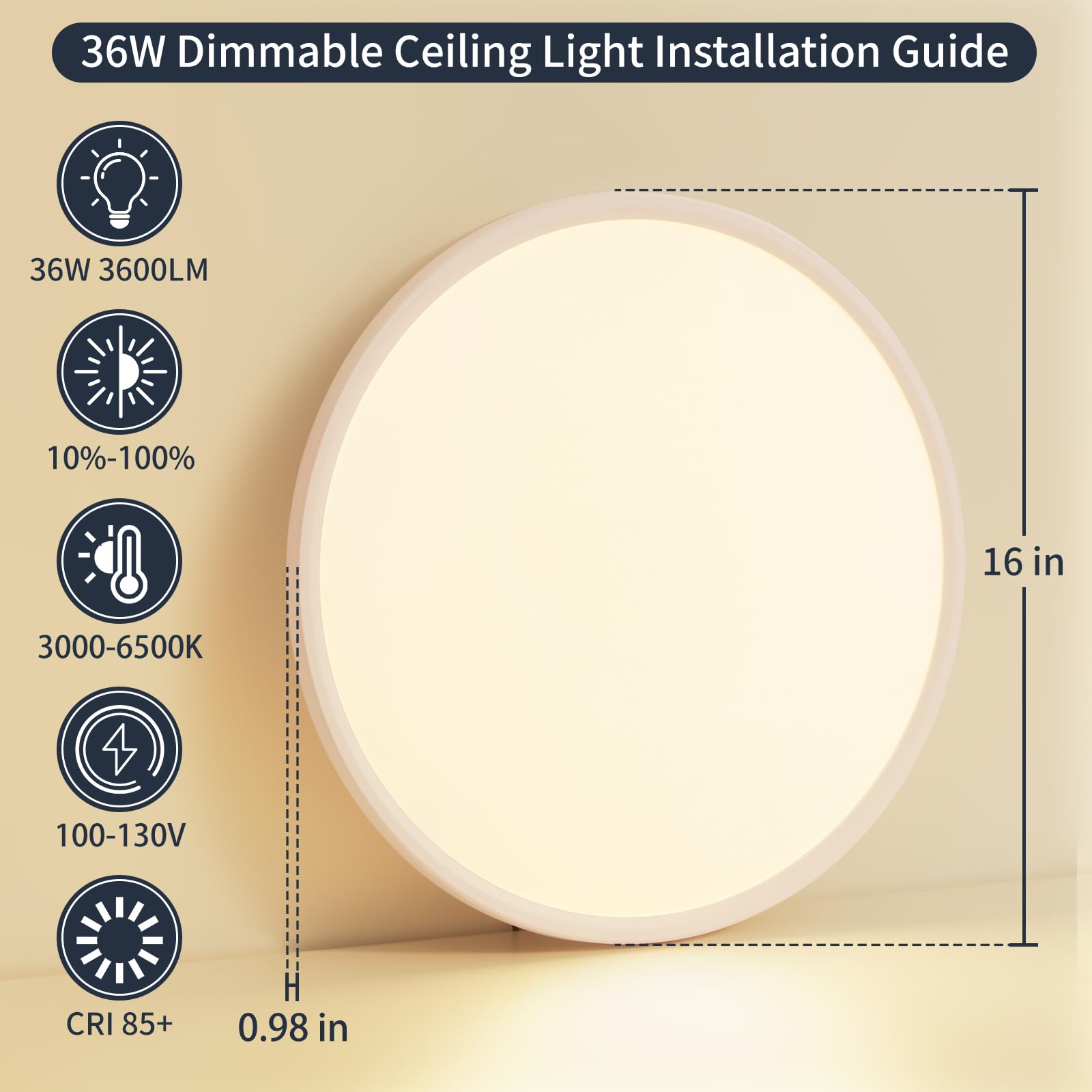 Kiwivic 16 Inch Flush Mount Ceiling Light With Remote, 36W Dimmable Led Fixture 3600Lm, 3000K-6500K Adjustable, Round Ceiling La