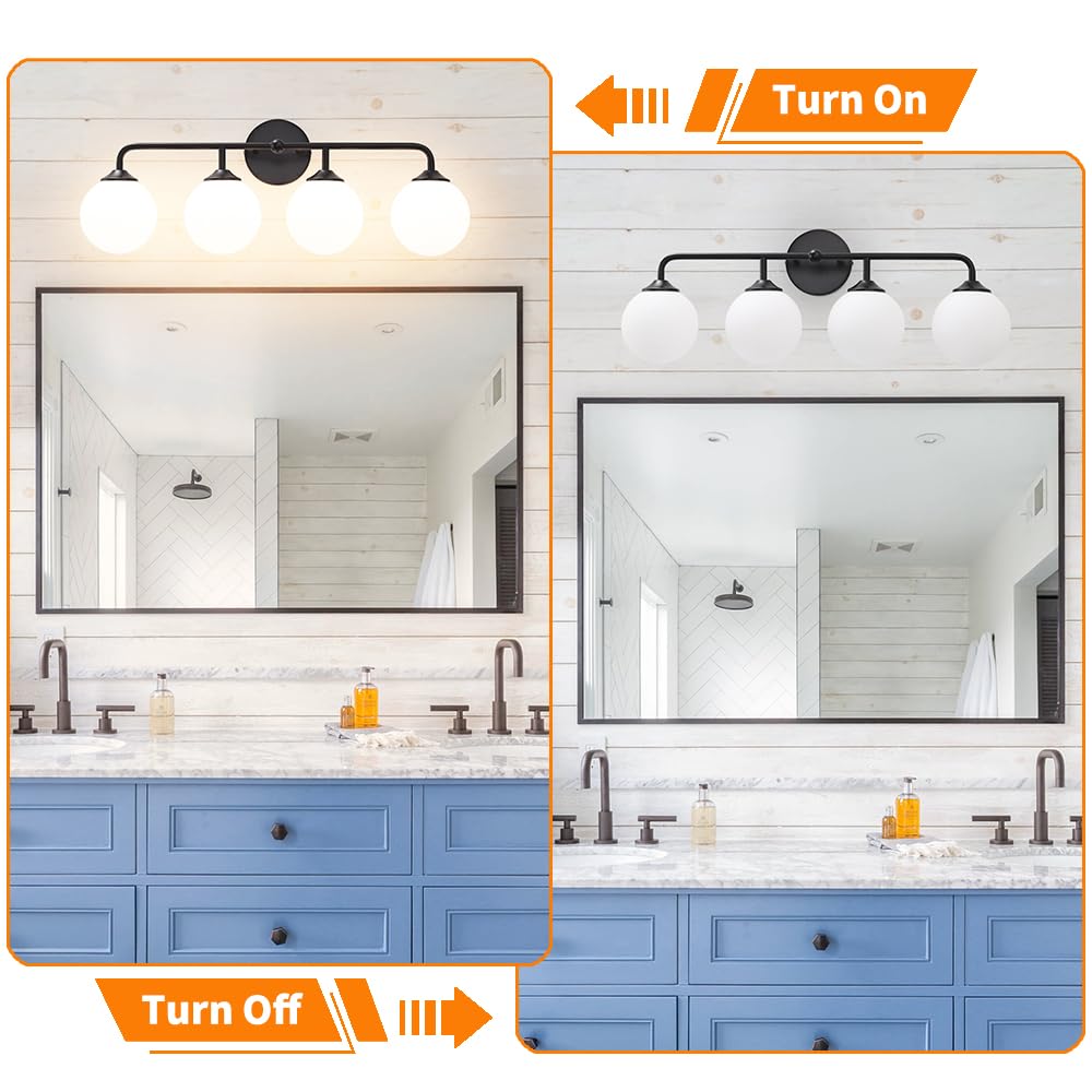 4-Lights Black Vanity Lights With Milky White Globe Glass Shade  Industrial Bathroom Wall Sconces Light Over Mirror  Vanity Lighting Fixture For Bathroom Dressing Table Bedroom Living Room