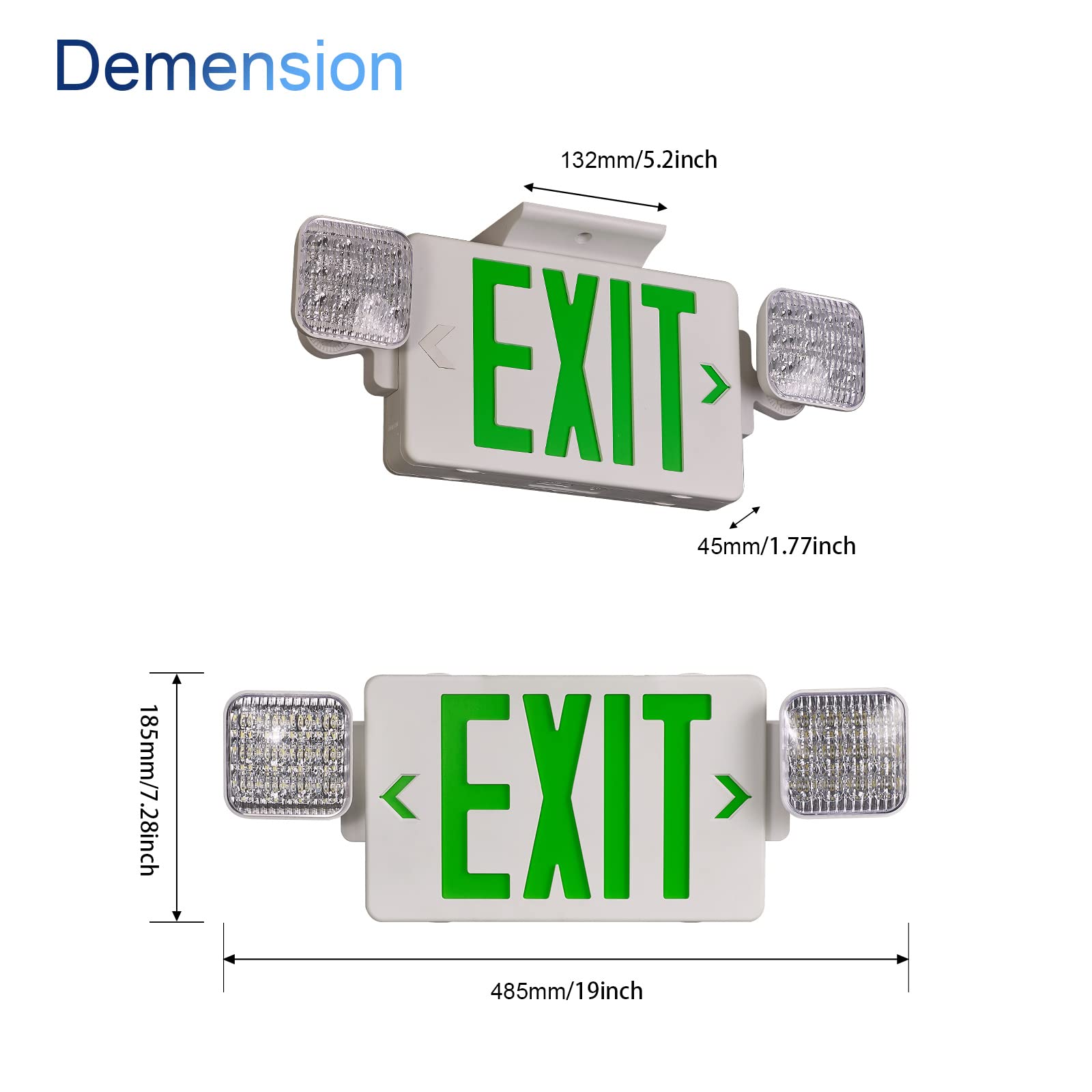 TANLUX Green Exit Sign with Emergency Lights, LED, Battery Backup, UL Listed, 2 Pack, White Housing + Green Letter