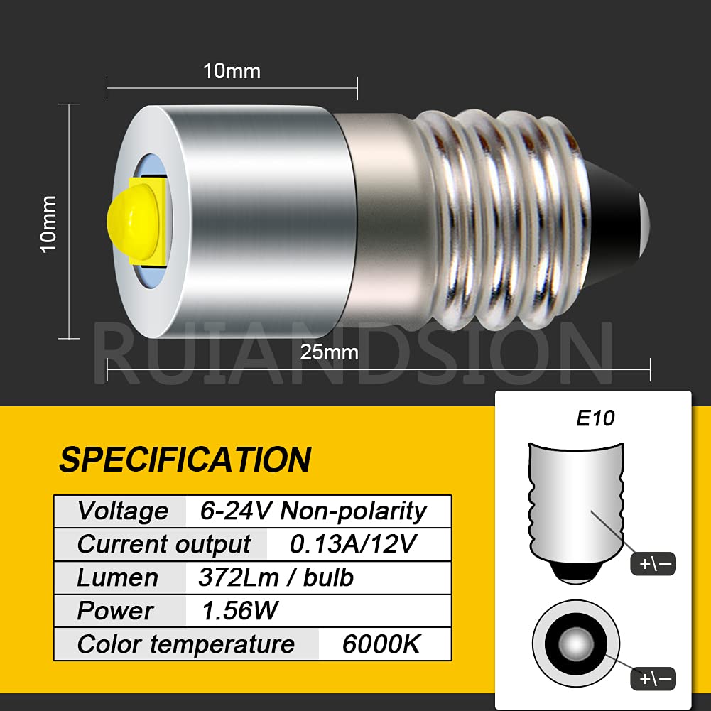 Ruiandsion E10 Base Led Flashlight Bulb 6-24V 6V 9V 12V 18V 19.2V 24V Upgrade For Flashlights Torch Bike Work Lights,Non-Polarit