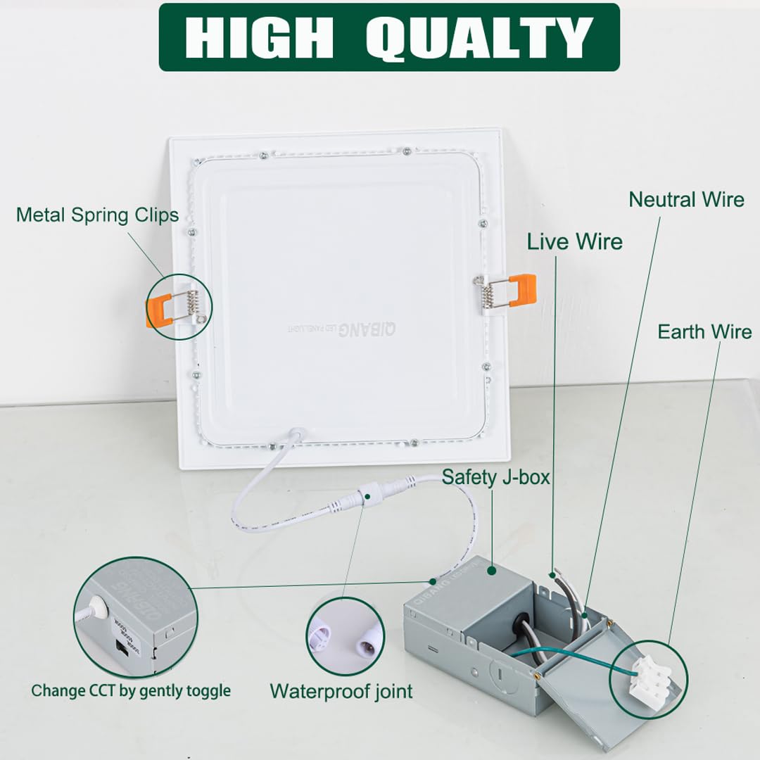 Qibang Square Led Recessed Light 8 Inch Dimmable With Junction Box,3Cct 3000K/4000K/6000K Selectable,1600Lm Cri90+18W Ultra-Thin