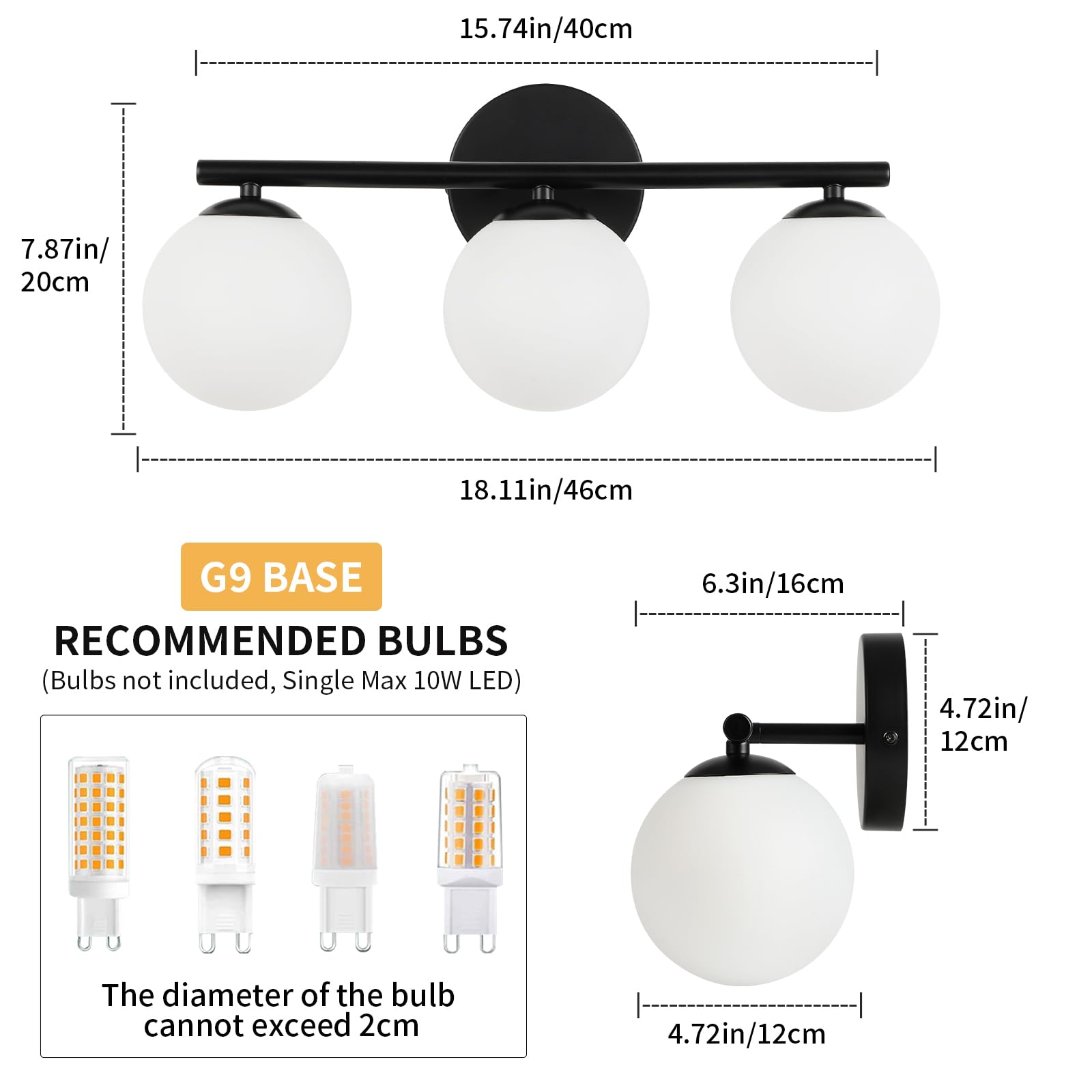 foucasal 3-Light Black Globe Bathroom Vanity Light, 11.81" Wall Sconce with Milk White Shades, Model ULYQBD47-3A