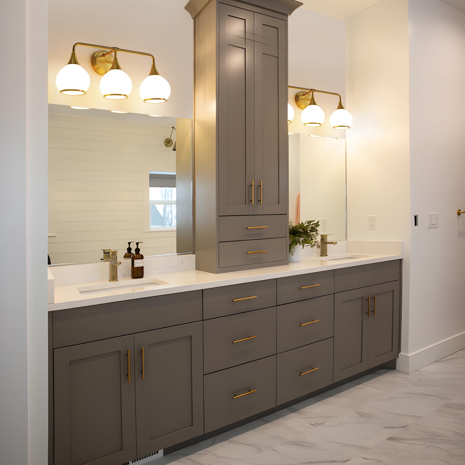 HAHZT 3-Light Brushed Gold Bathroom Vanity Light with Milky White Glass Shade, Model 8033ML, 22.4 inch Wall Sconce Lighting