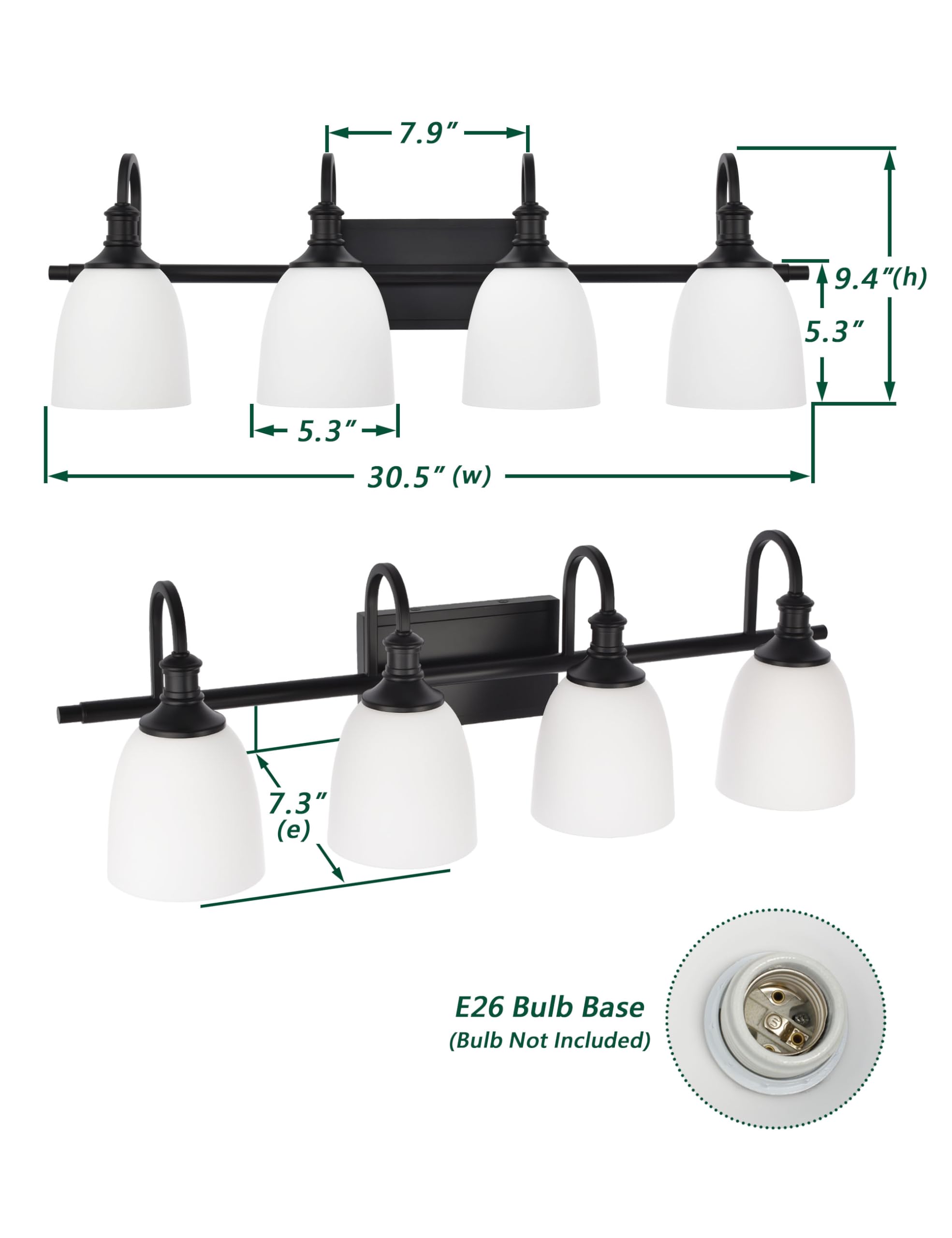 Hanaloa 4-Light Bathroom Vanity Light Fixtures, Vintage Matte Black, Alloy Steel, Milk Glass Shade, Model VA0049-4-MB