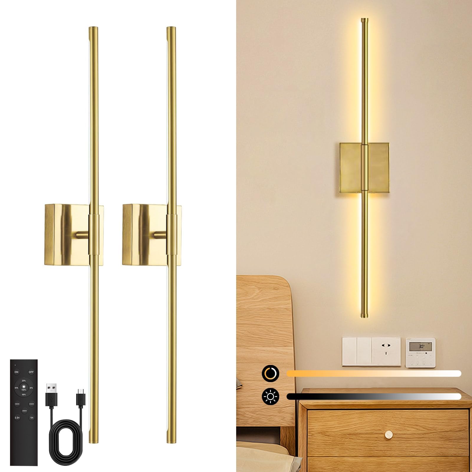 Danhh Wall Sconces 2 Pack, Dimmable 3000K-6000K, Rechargeable, Remote Control, 350° Rotate, Metal, Gold, Model HCP042
