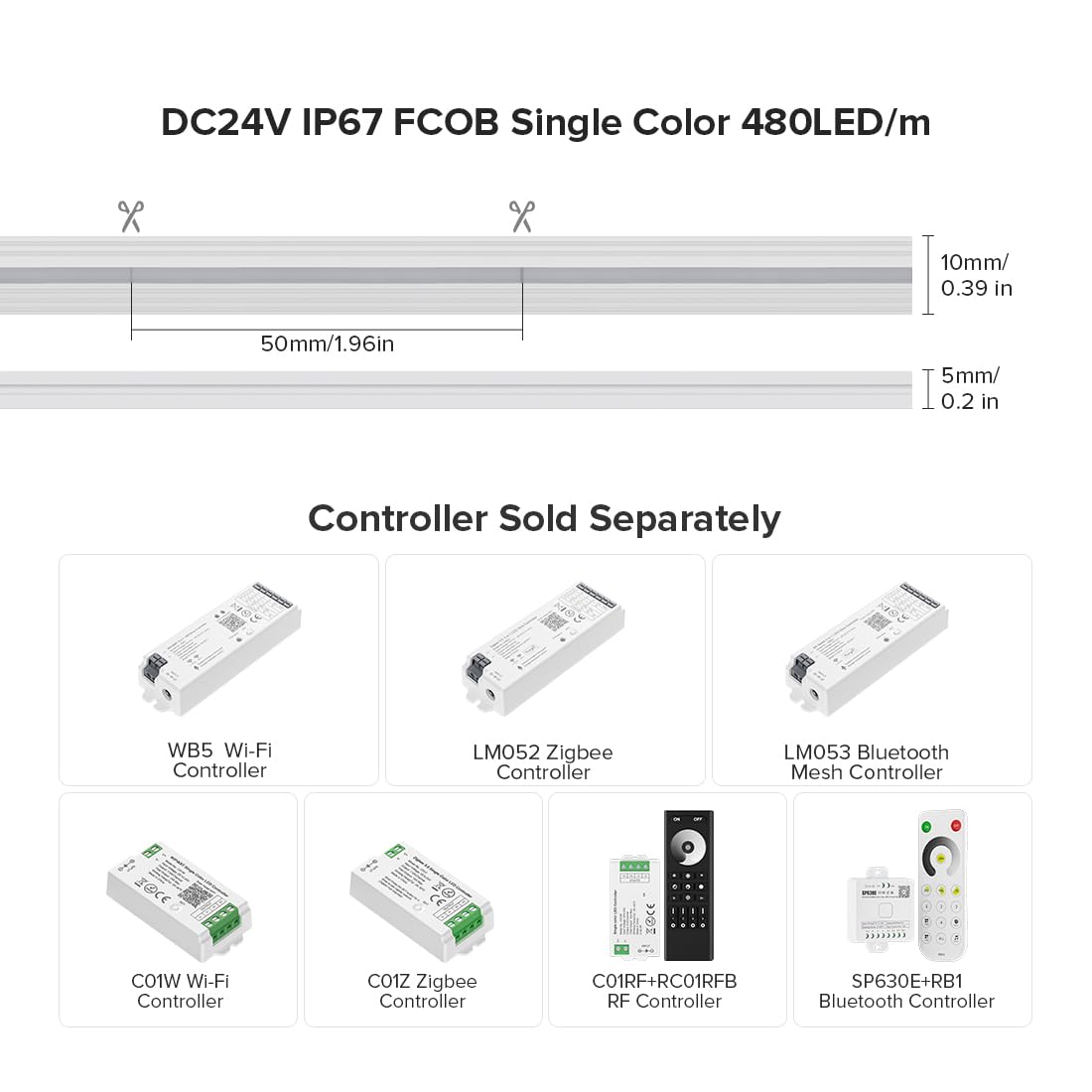 BTF-LIGHTING FCOB COB LED Strip 16.4FT DC24V IP67 Natural White 4000K 480LED/m Silicone