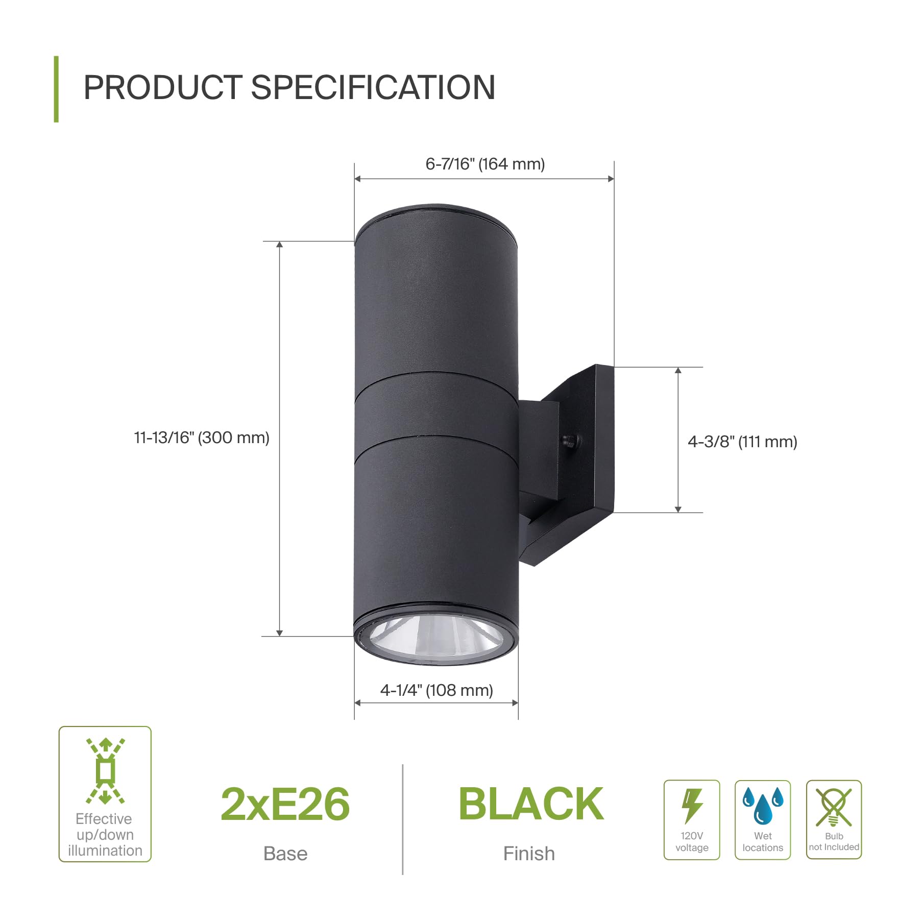 ASD 2 Light Outdoor Wall Light Fixture - Up & Down, Black, Durable Aluminum, ETL Certified, 120W E26 Socket, 2 Pack