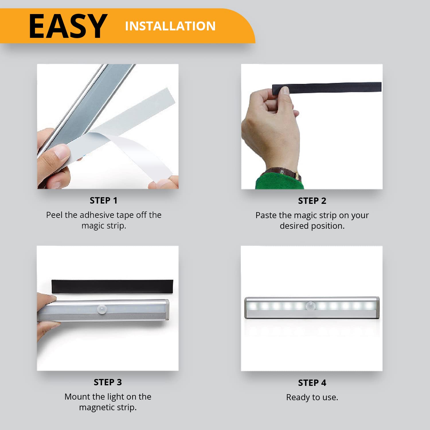 PeakPlus LED Motion Sensor Light, 10-LED Battery Operated Under Cabinet Lights, Silver, Model PPMSUCLP4, 4 Pack