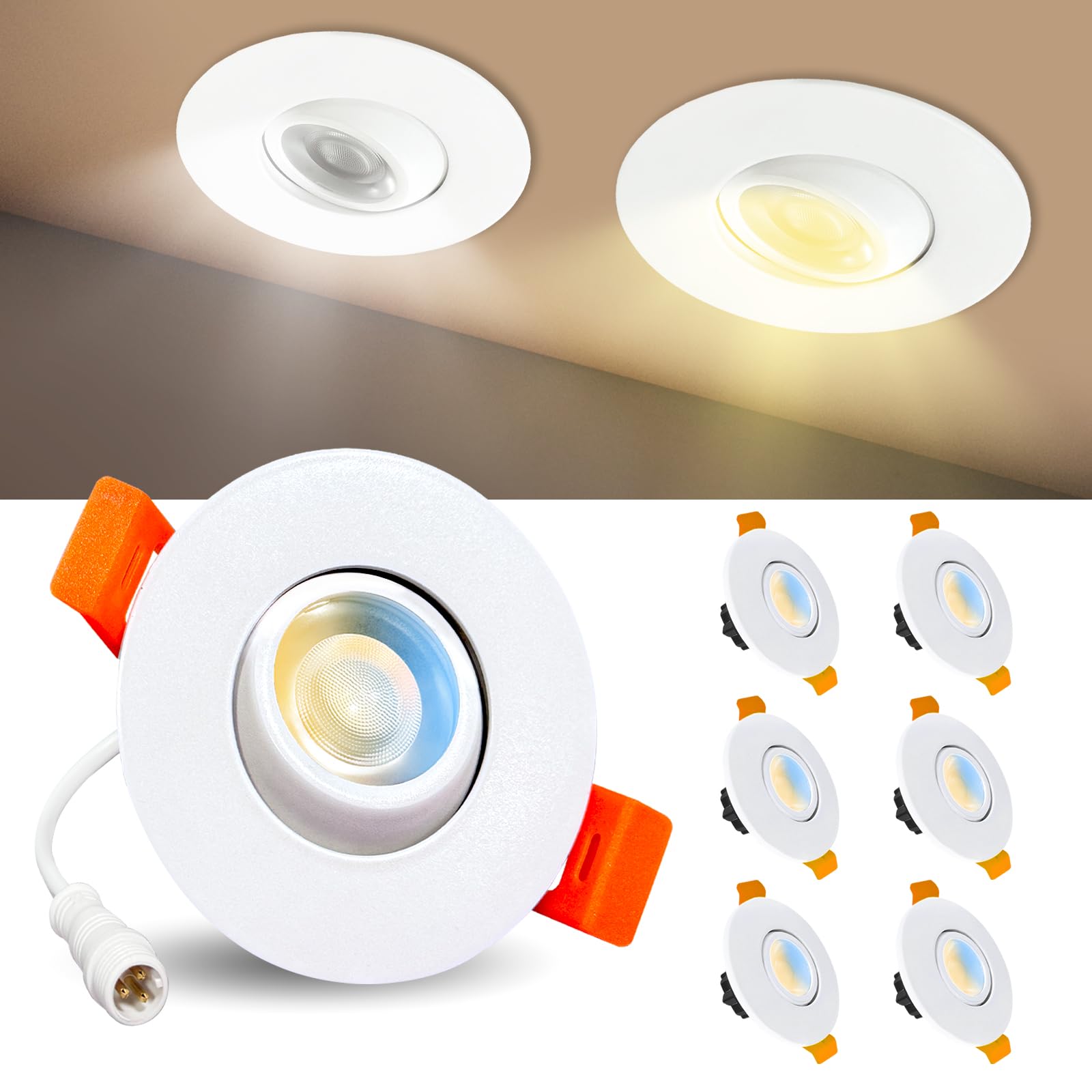 Sublimation 6W Dimmable Gimbal LED Recessed Lights, Waterproof, 2 Inch, 360° Adjustable, White, 6 Pack, Model XSDTD002