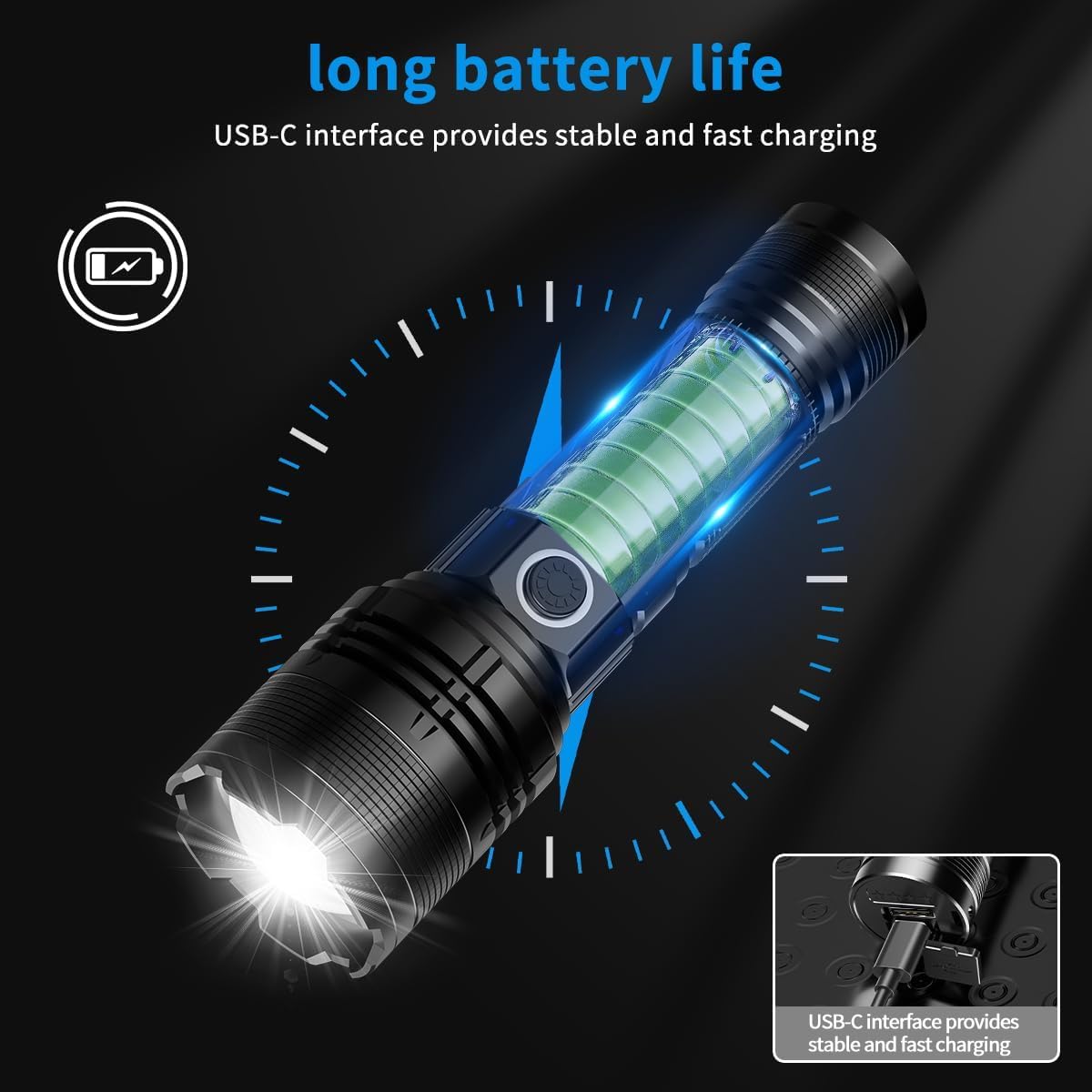 E-SHIDAI Rechargeable Flashlight 2000 Lumens USB C 5 Modes Handheld LED Black Model E-SHIDAI-AFSDT 1PCS