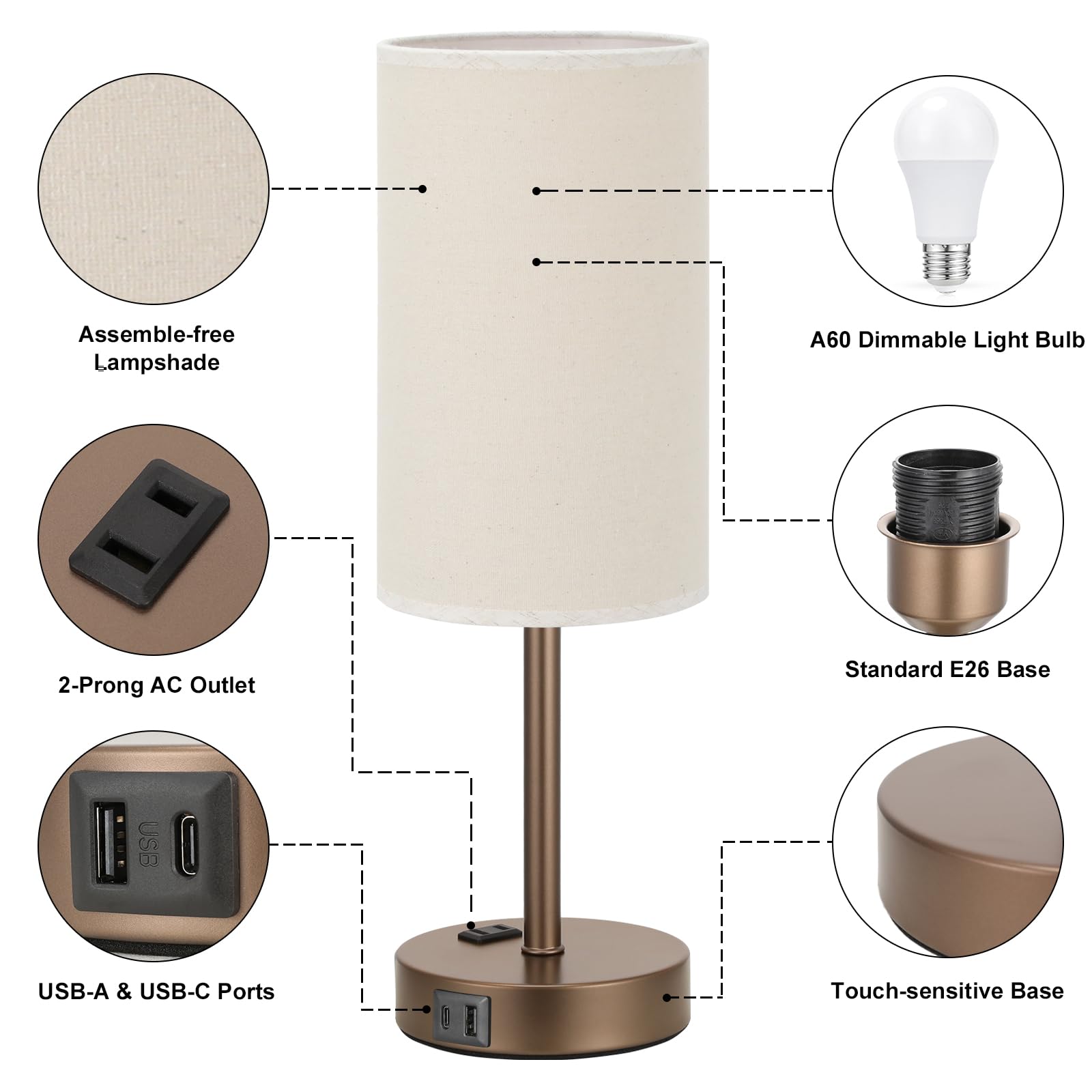 Fenmzee Touch Table Lamp - Beige, 3-Way Dimmable, Usb A + C Charging, Ac Outlet, 17.4Inch Medium, Brown Metal Base