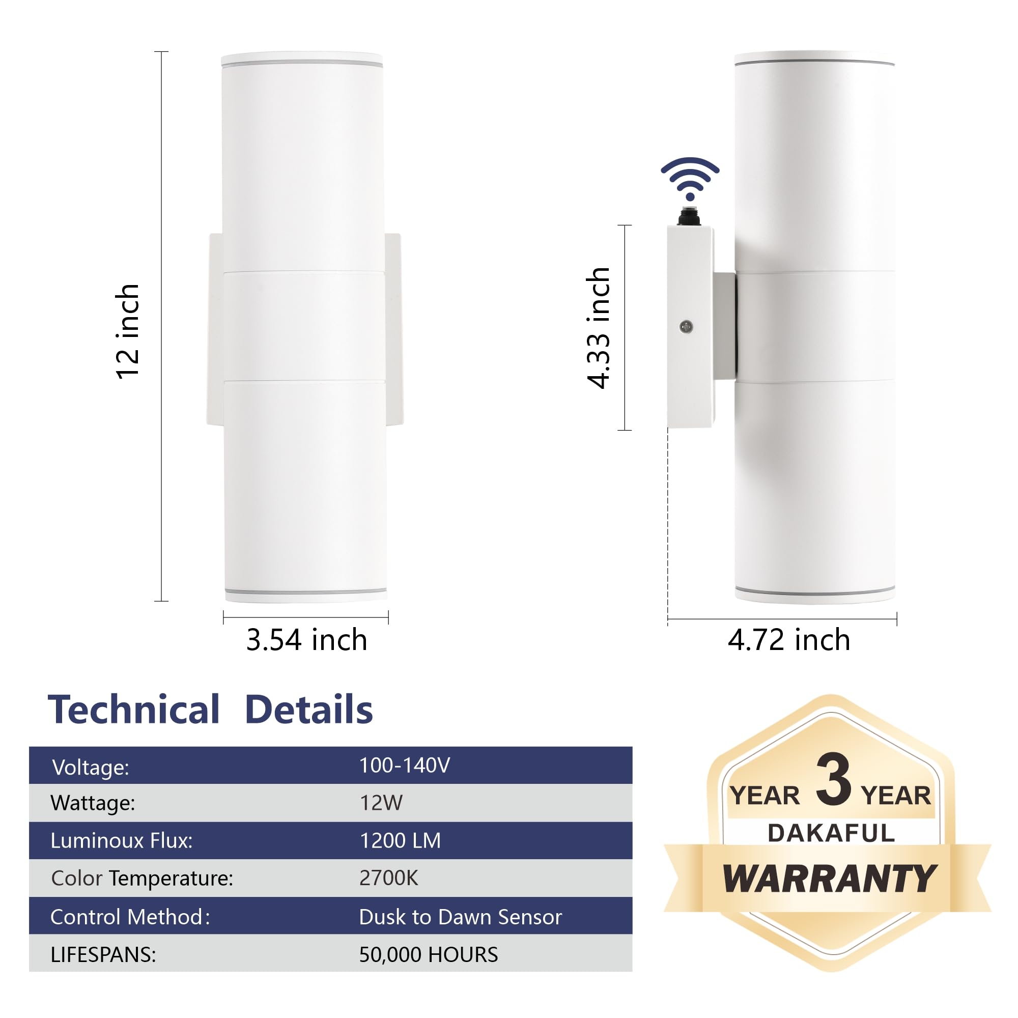 Dakaful Dusk To Dawn Outdoor Lighting Sensor Wall Lights 2Pack  12W 2700K Integrated Led Cylinder Up Down Lights Outdoor  Ip65 Waterproof Aluminum Exterior Wall Sconce For Porch Patio.
