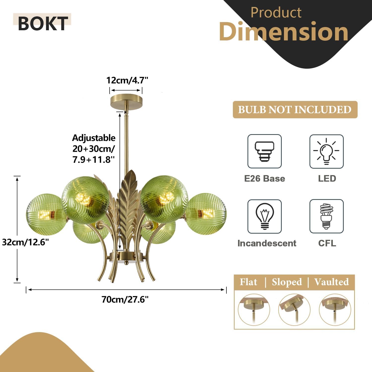 BOKT 6-Light Brushed Brass Chandelier with Green Glass Globes, Adjustable Height, Model BP1128-G