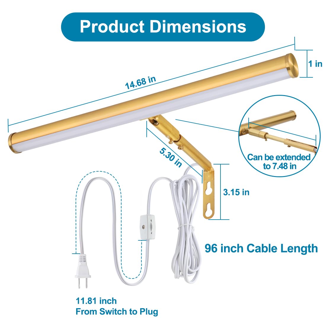 Xbuyee LED Picture Light - 14 Inch, 4W, 3000K Warm White, Gold Finish, Adjustable Art Light, ETL Listed