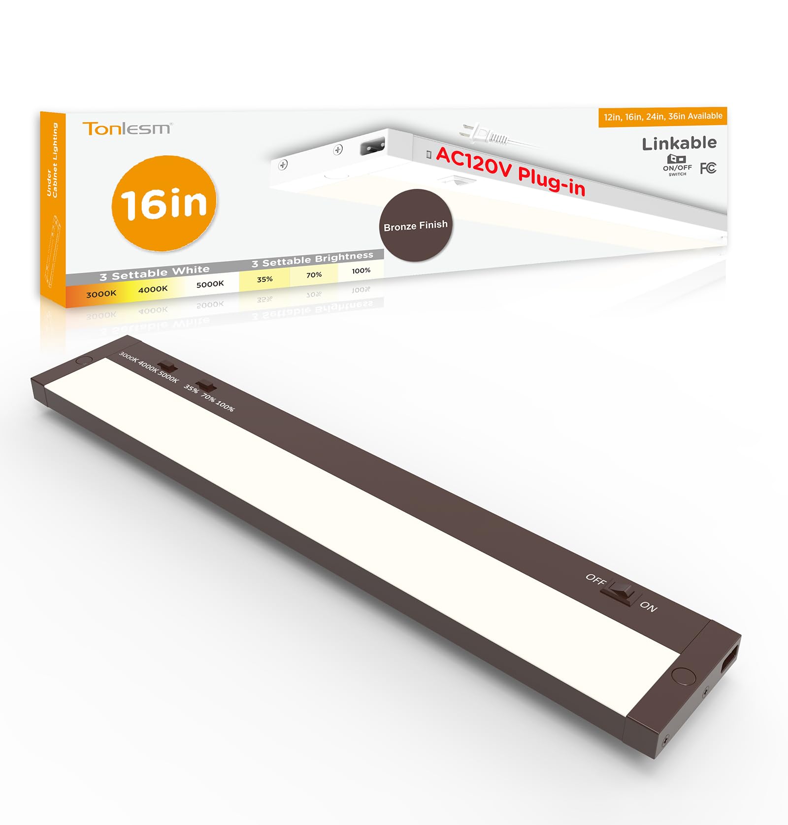 Tonlesm 16 Inch Under Cabinet Lighting Plug in  9W 120V 3 Color 3000K/4000K/5000K  3 Brightness  Super Bright  Ultra Thin Under Counter Lights for Kitchen  Linkable LED Cabinet Light Bronze