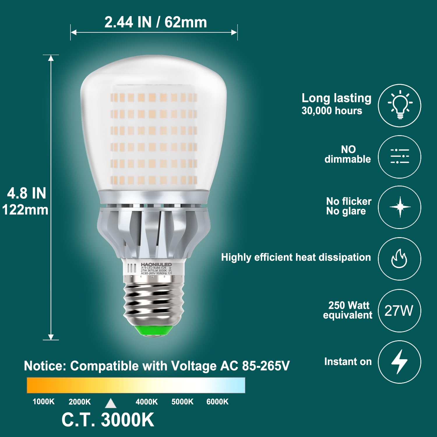 Led Light Bulbs A19 250 Watt Equivalent, Bright Led Bulbs 3670Lm 3000K Warm White, 27W E26 Led Corn Light Bulb Non-Dimmable 2-Pa