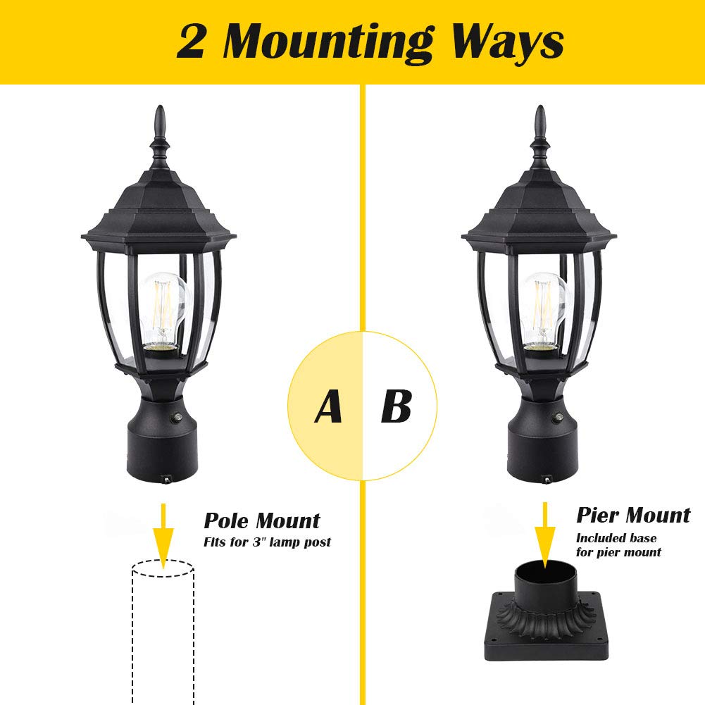Partphoner Hardwired 120V Dusk To Dawn Outdoor Post Light, Waterproof Aluminum, Black Mini