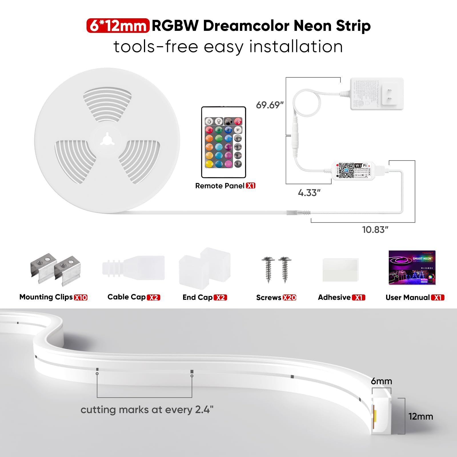 Shine Decor 24V Smart Neon Rope Lights, RGB+Cool White, 5m/16.4ft, Flexible Waterproof, Remote APP WiFi Control, Music Sync
