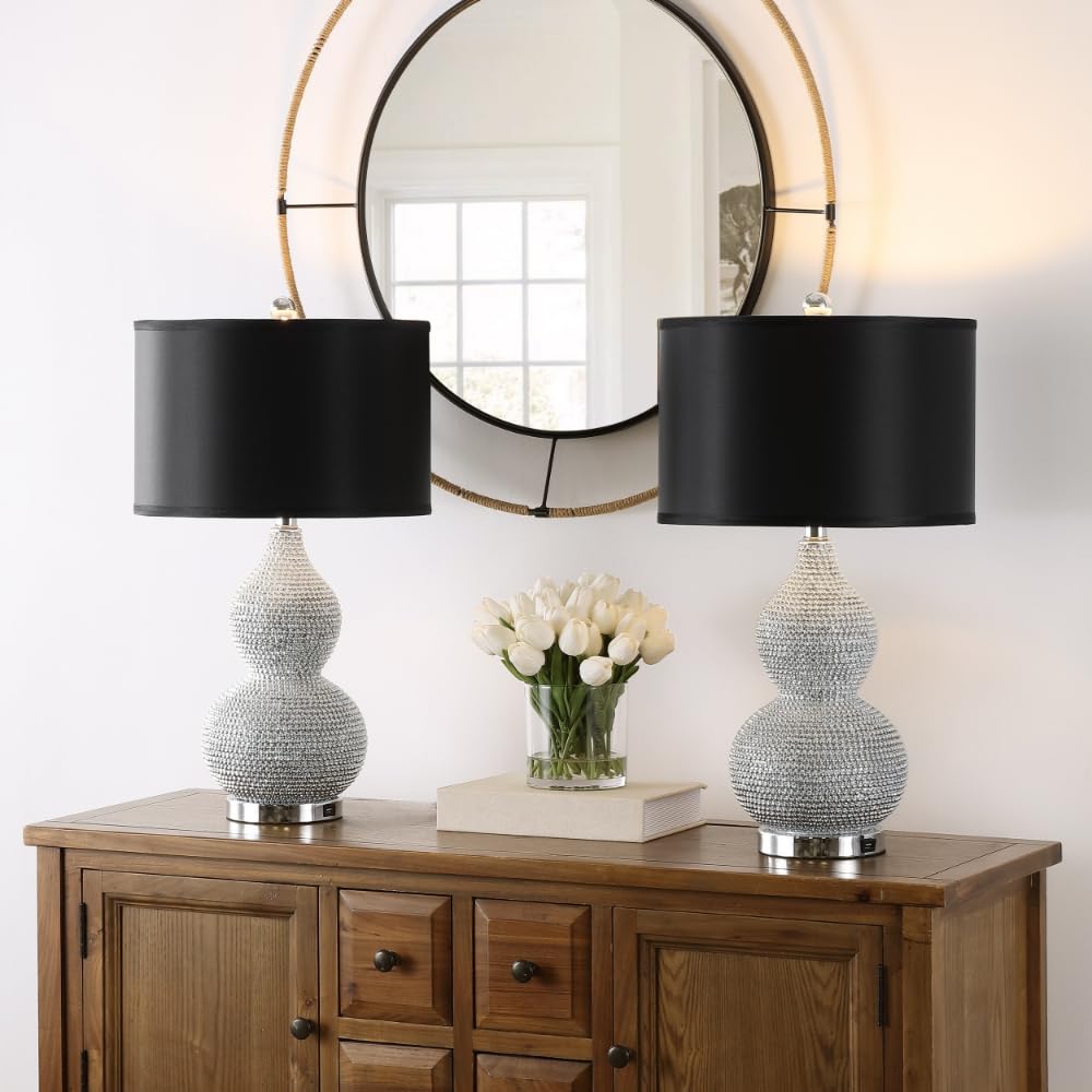 SAFAVIEH Nicole Modern Table Lamp Set of 2 - 25" Silver Bead Base with Black Shade, LED Bulbs Included, Model LIT4014A-SET2
