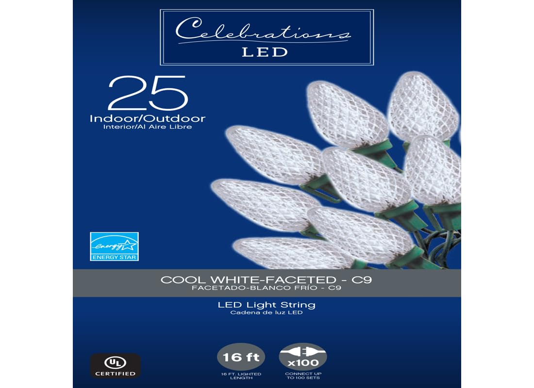 Celebrations 47656-71 LED C9 Light Set, Cool White, 25 Count