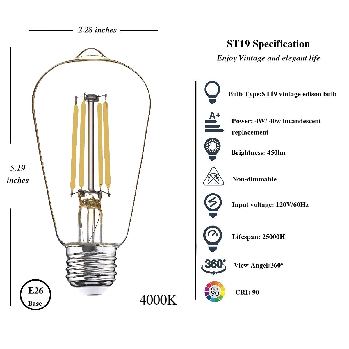 12 Pack Led Edison Bulbs 40W Equivalent,4 Watt Led Filament Bulb,4000K Daylight White St19 Light Bulb,450Lm E26 Vintage Led Bulbs For Ceiling Light Fixtures, Non-Dim