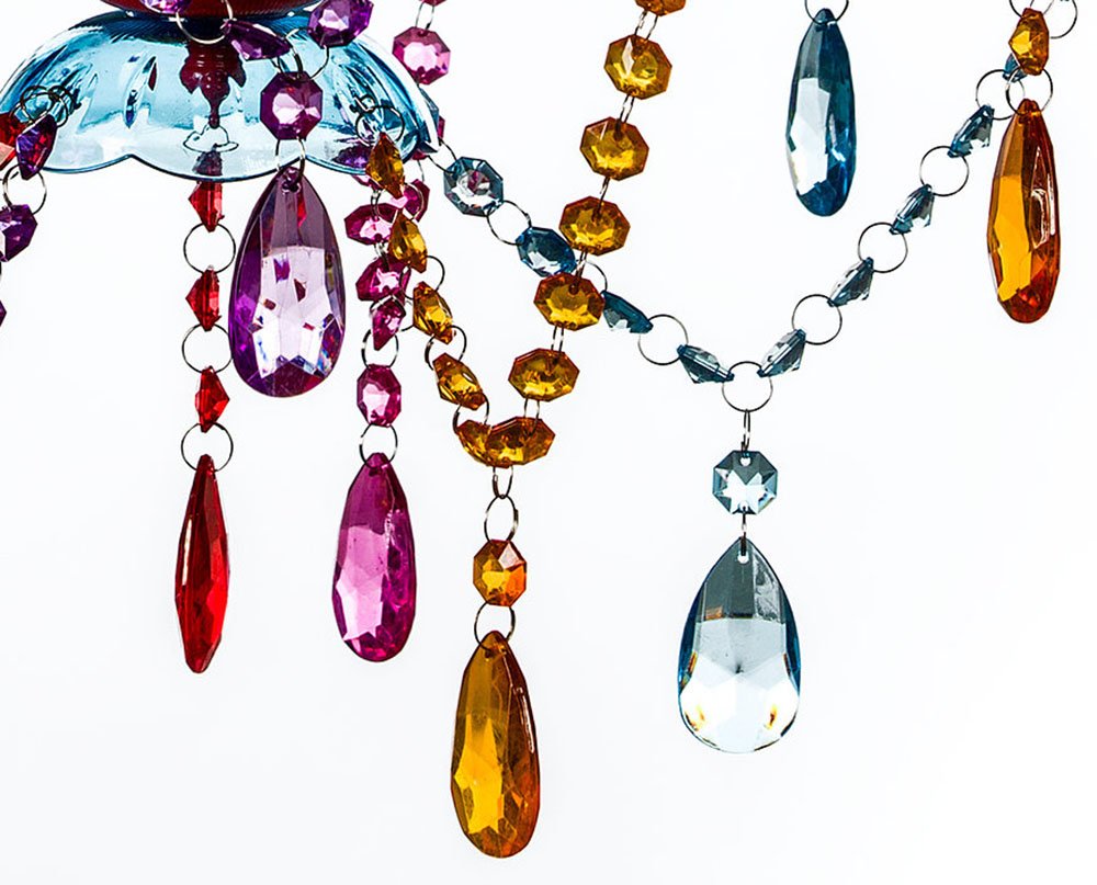 Gypsy Color 6 Light Multicolor Plug-in Chandelier, Red Metal Frame, Glass Stem, Acrylic Crystals, H26”xW22”, Model GYLGMCP