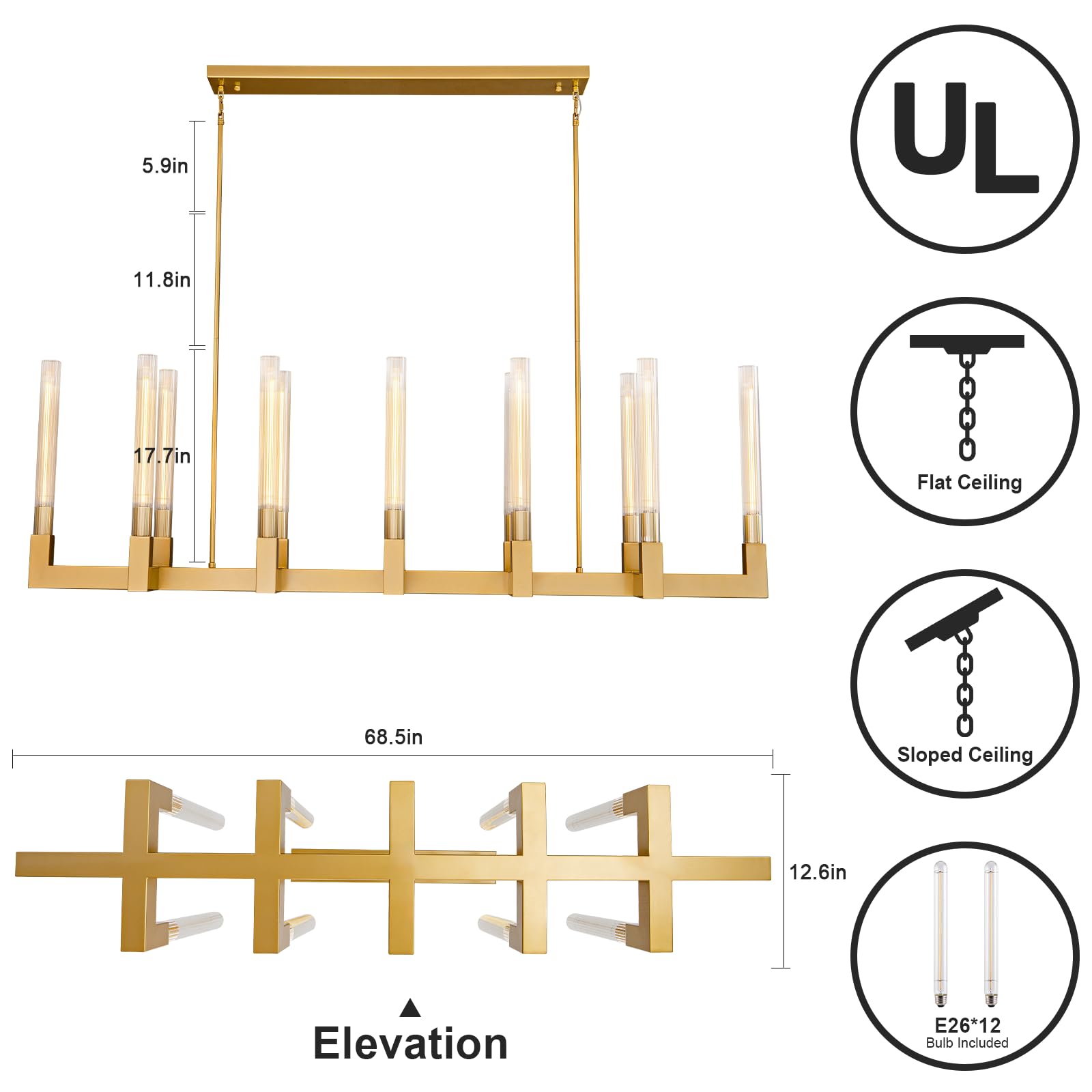 YUEXPAND 68-Inch 12-Light Gold Chandelier, Rectangular Luxury Pendant Light for Dining Room, Living Room, or Foyer, Model CLBR174