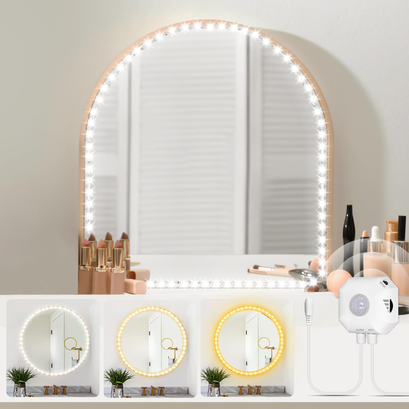 Led Vanity Lights For Mirror 13Ft, 3 Color Vanity Mirror Lights Adjustable Brightness Motion Sensor Bright Makeup Mirror Lights