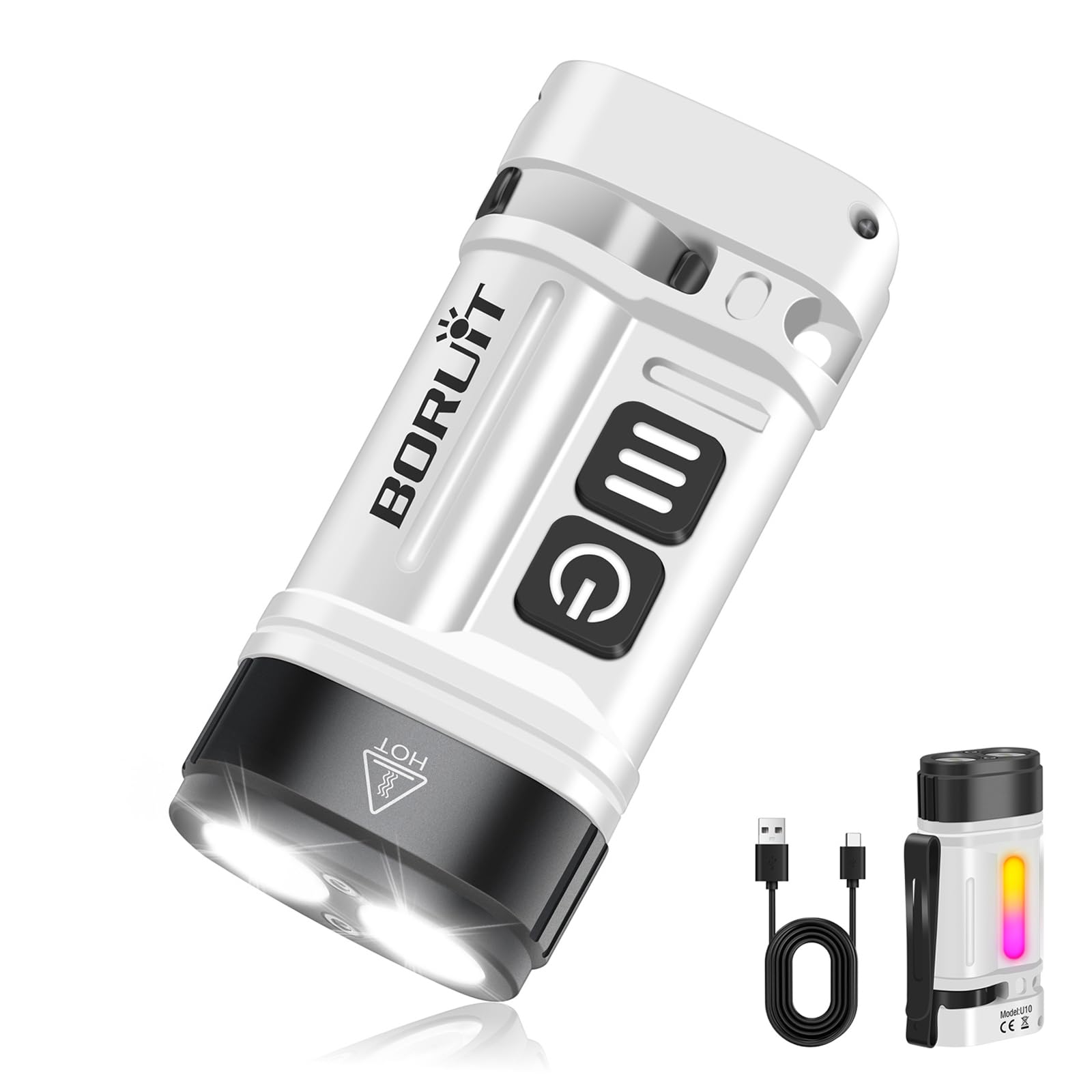BORUIT U10 LED Small Powerful EDC Flashlight with Clip,880LM Mini Pocket Keychain Flash Light with White & RGB Side LEDs,Magneti