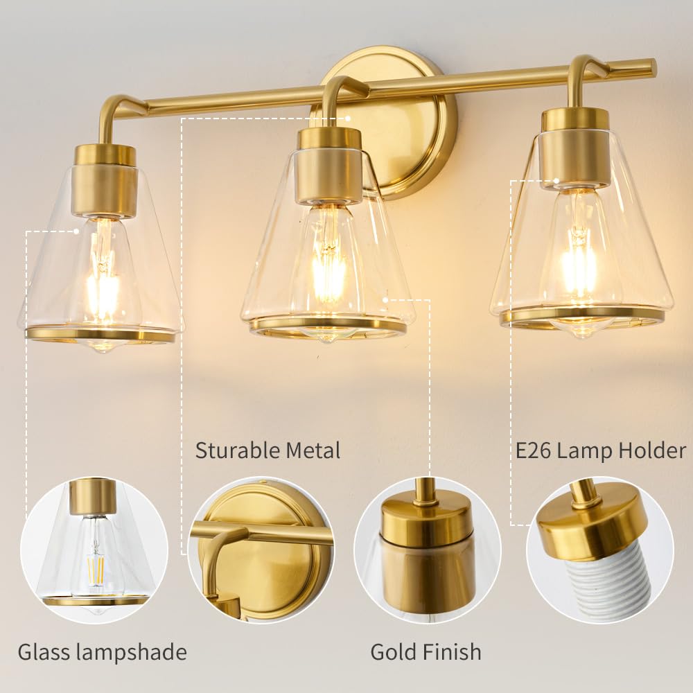 Nadosa Gold Vanity Light Bathroom Light Fixtures Over Mirror 3 Lights Bathroom Vanity Lights With Clear Glass Shade 22 Inch Modern Wall Sconce Bathroom Lights For Bath