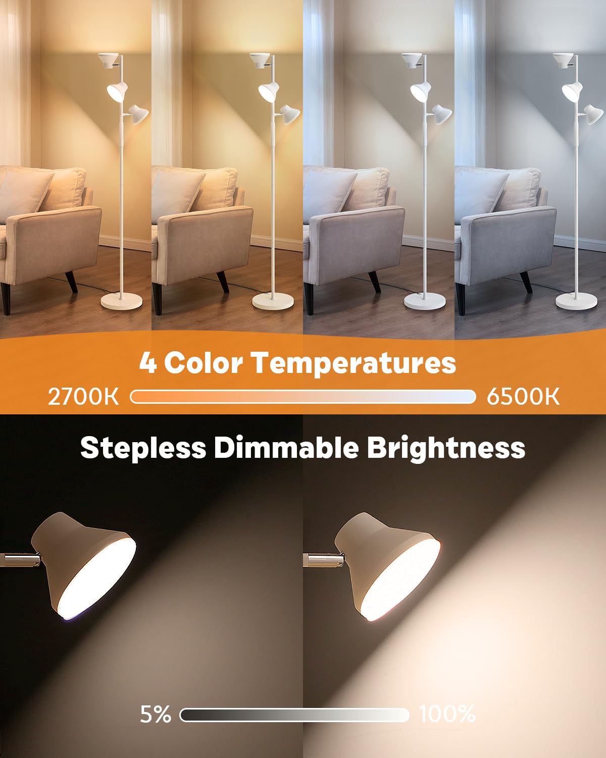 SIBRILLE 36W Dimmable White Floor Lamp, 3 Rotatable LED Lights, Touch & Remote Control, Model FLH-036-F2